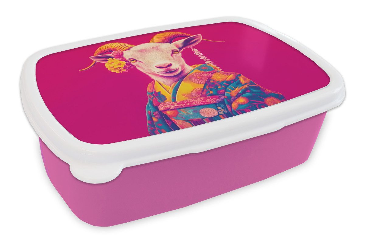 MuchoWow Lunchbox Ziege - Hörner - Kimono - Farbenfroh, Kunststoff, (2-tlg), Brotdosen, Lunch Box, Brotbox für Kinder und Erwachsene