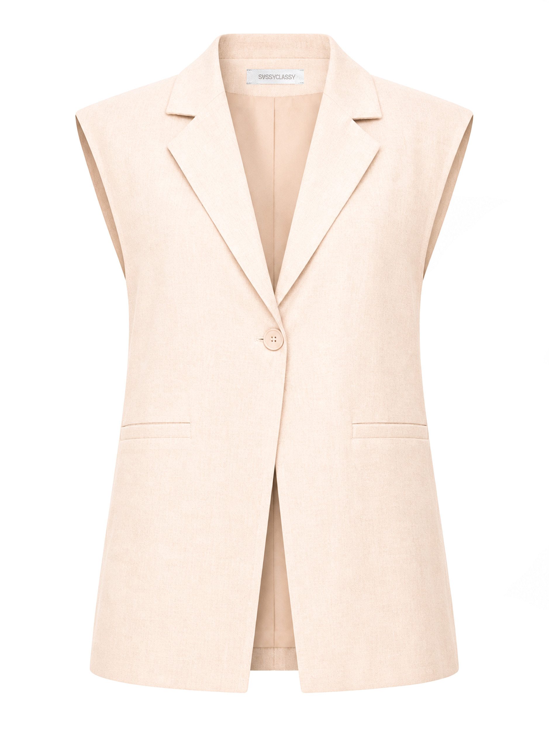 SASSYCLASSY Kurzweste Oversize Anzugweste für Damen Elegante Weste mit Schulterpolster und Leistentaschen Beige