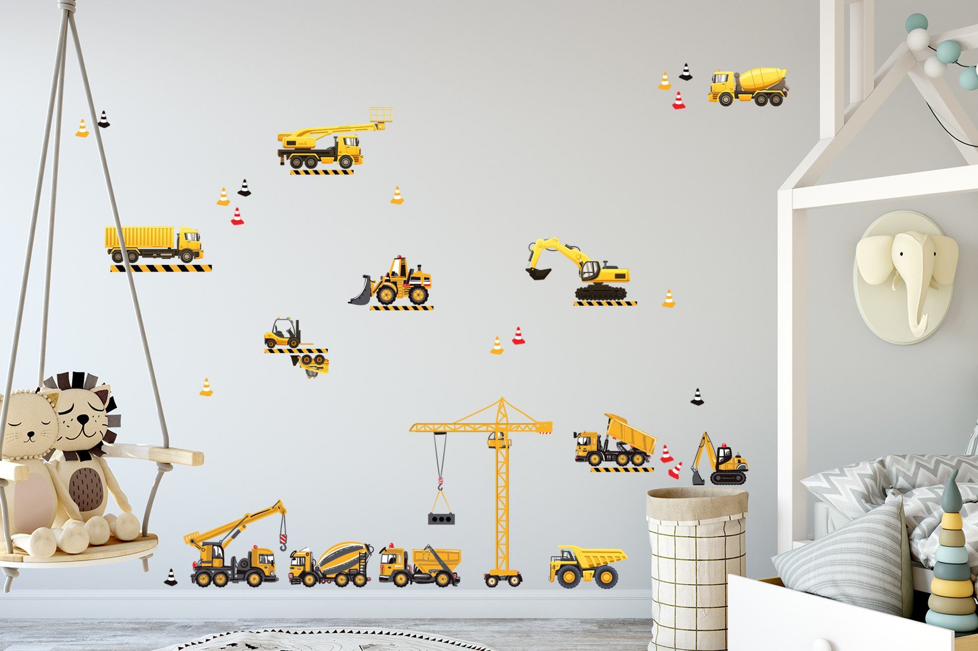 Sunnywall Wandtattoo Baufahrzeuge Wandtattoo XXL Set Kinderzimmer Aufkleber bunt Wanddeko, selbstklebend
