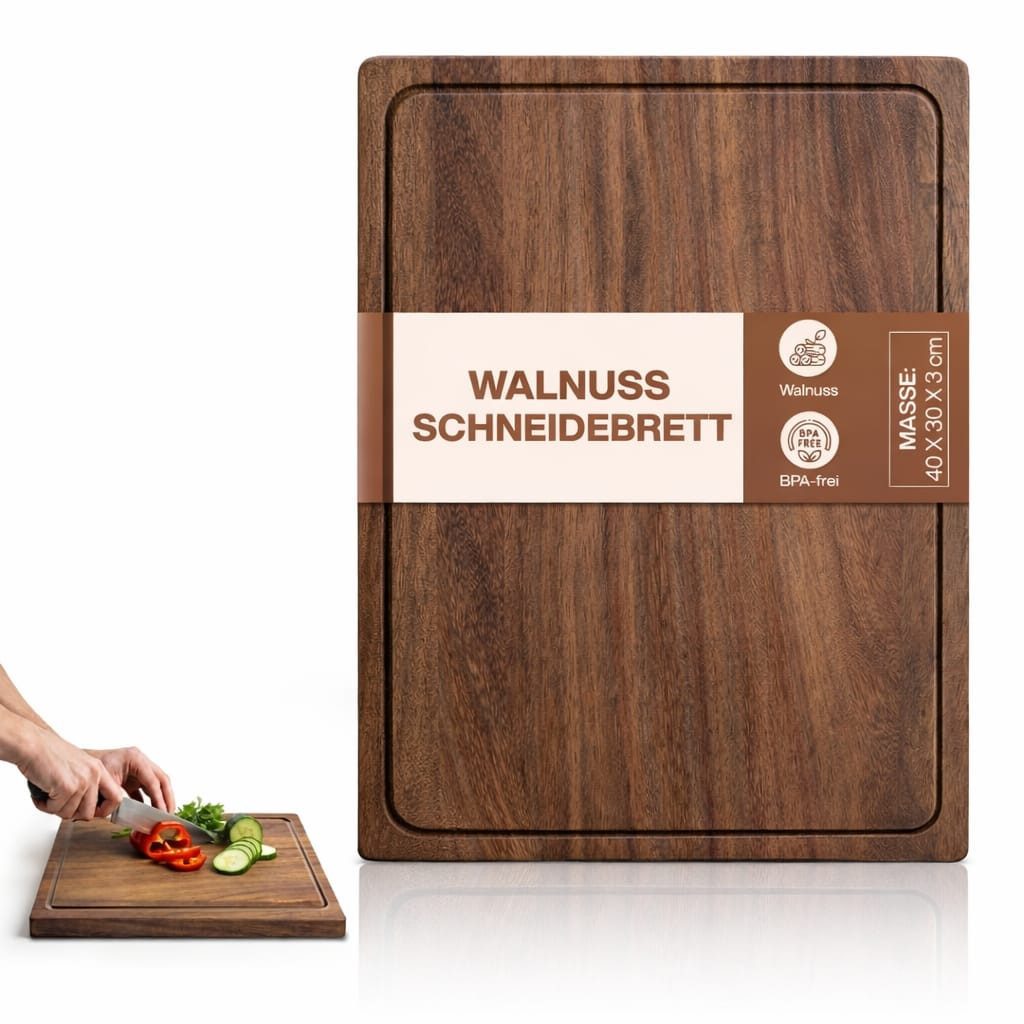 PEGSEN Schneidebrett Küchenbrett mit Saftrille Holzschneidebrett 40x30x3cm, Massivholz, Walnuss, (1-St), mit rutschfesten Standfüßen