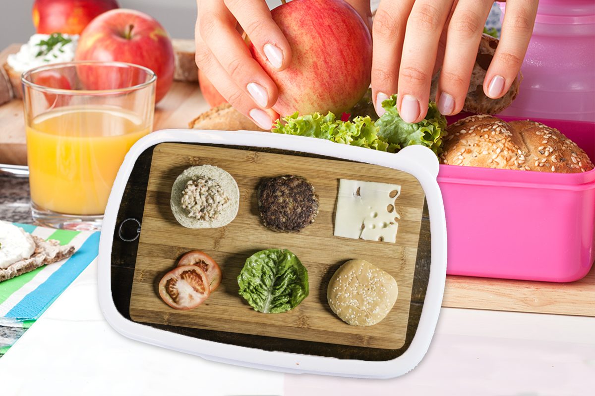 Mädchen, rosa Erwachsene, Brotbox Gemüse MuchoWow Ein Lunchbox Kunststoff Brotdose darauf, Kinder, Schneidebrett für mit Kunststoff, Snackbox, (2-tlg),