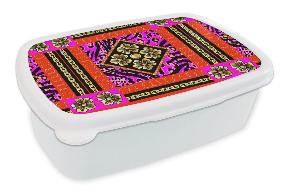 weiß Lunchbox Brotbox und Mädchen Muster, (2-tlg), Erwachsene, - für - Kunststoff, Kinder und Brotdose, Blumen Pantherdruck Jungs - MuchoWow für - Halskette Gold