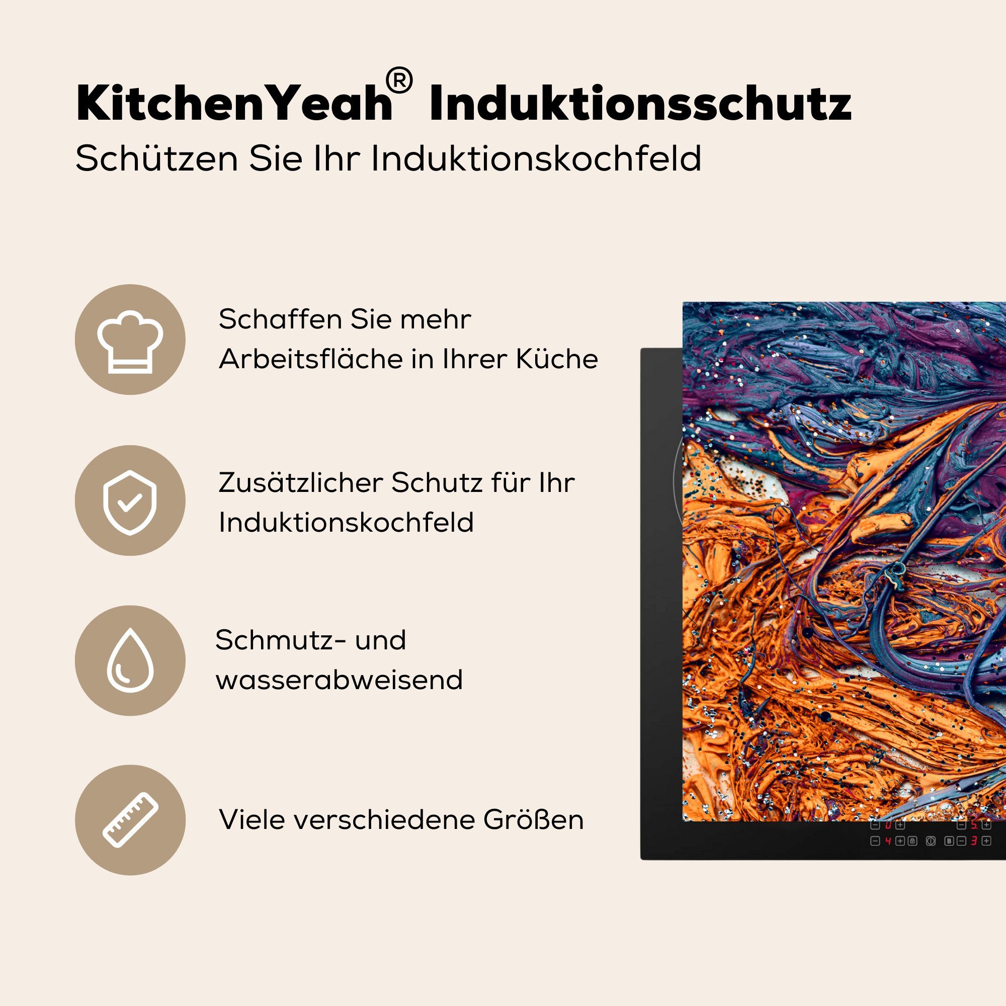 - die (1 - Herdblende-/Abdeckplatte küche, MuchoWow cm, - Orange Induktionskochfeld Blau, Farbe für Vinyl, tlg), Marmor Schutz Ceranfeldabdeckung 71x52