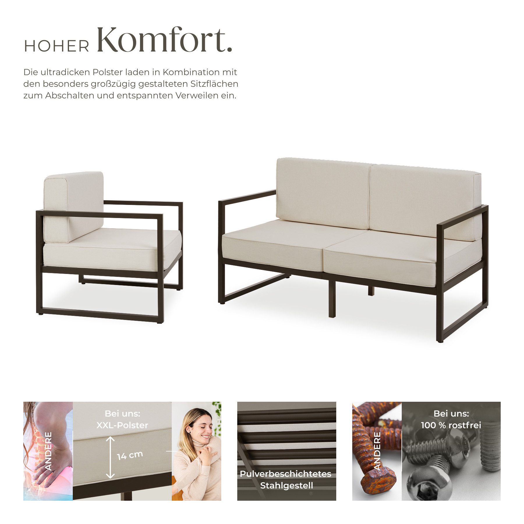 tectake Essgruppe Garten-Loungeset für 4 Personen, höhenverstellbare Füße, (Gartensofa Comosa, 3-tlg., in braun/beige), Dicke Sitzpolster, wasserabweisende, abnehmbare Polyesterbezüge