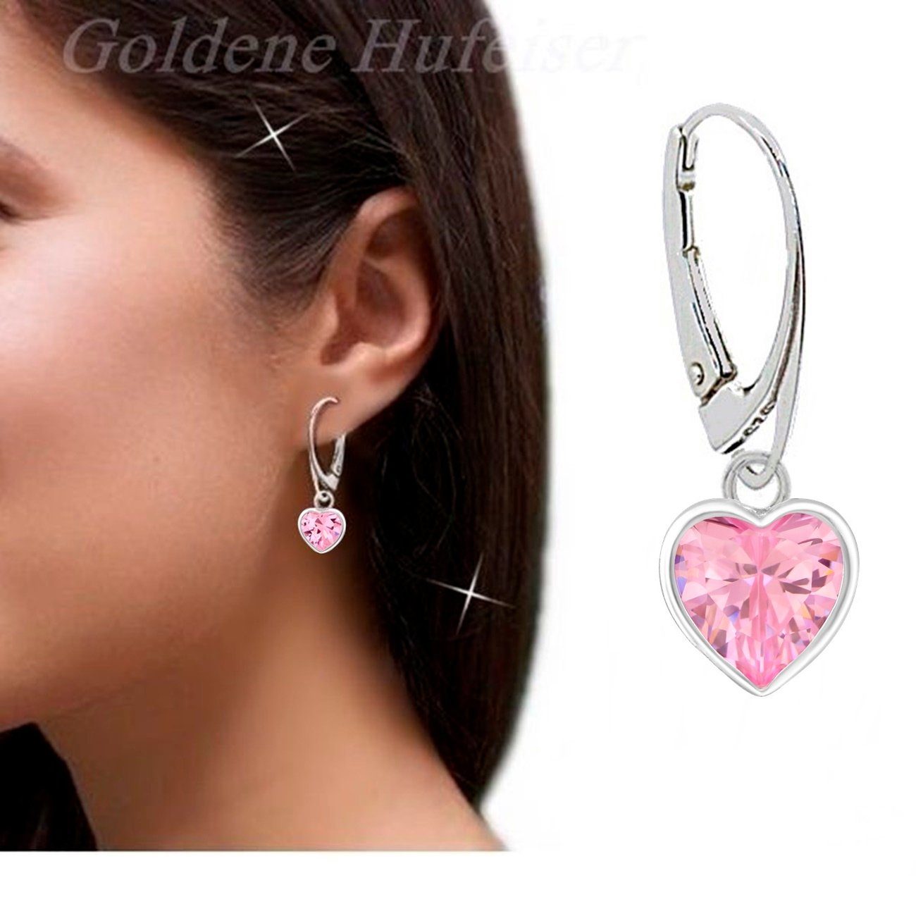 Goldene Hufeisen Schmuckset Rosa Zirkonia Herz Ohrringe Anhänger Kette 925 Silber (4-tlg, inkl. Geschenk-Etui), Geschenkset
