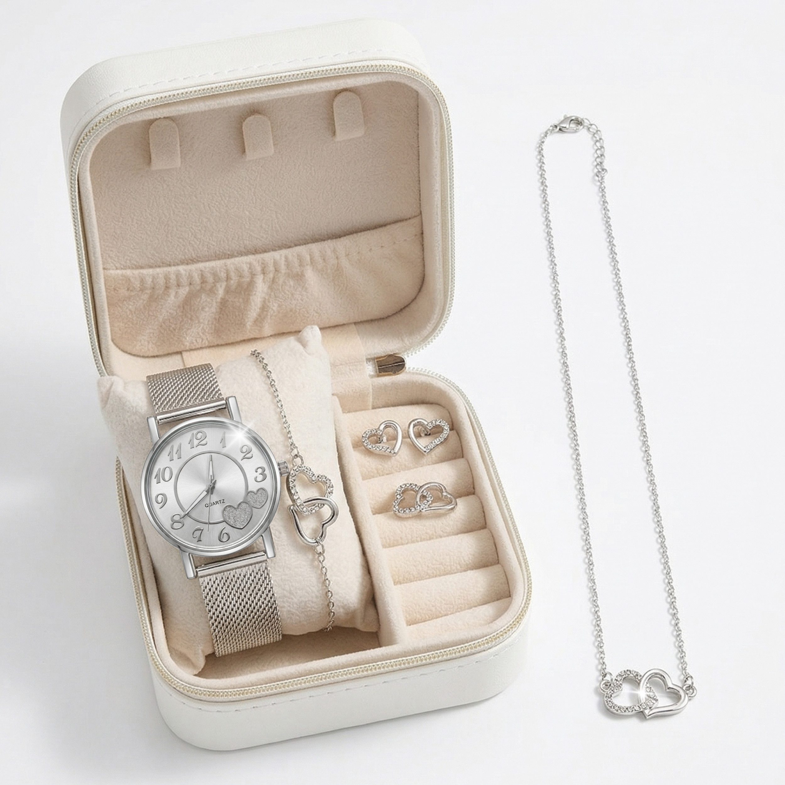StellarLuma Quarzuhr Damenuhr Set Herz Schmuck Geschenkbox Silberoptik, (Set, mit Uhr, Halskette, Armband, Ring, Ohrringe)