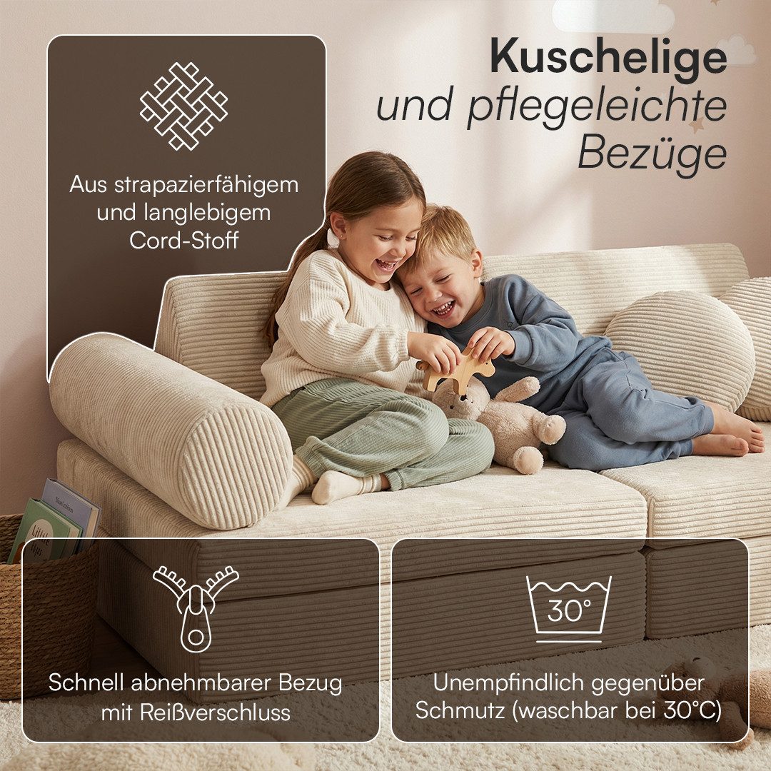 Bellabino Kindersofa Nile aus Schaumstoff Teilen, modulare Kinderspielcouch aus Cord, Beige, mit Armlehnen, Cordbezug abnehmbar & waschbar, 160x52x75cm, Oeko-Te – Bild 5 von 5