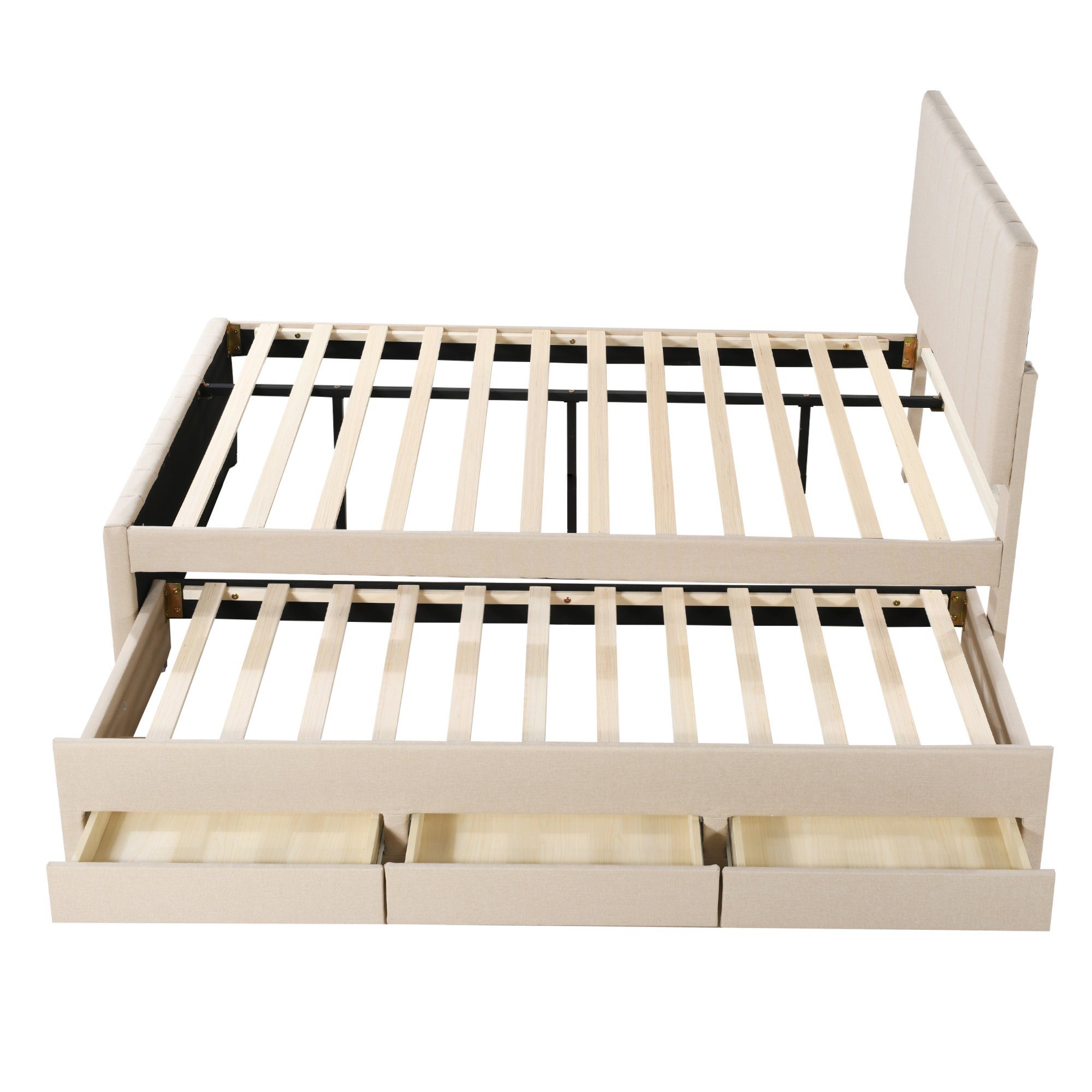 Polsterbett (Doppelbett 140x200cm), mit 3 Schubladen und Ausziehbett 90x190cm, Bezug aus Baumwolle-Leinen