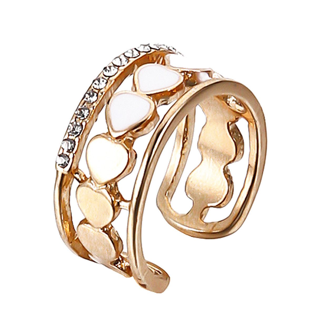 KARMA Fingerring Damenring Gold Edelstahl mit Herzen und Kristallen verstellbar, Ring Damen Damenschmuck Goldring