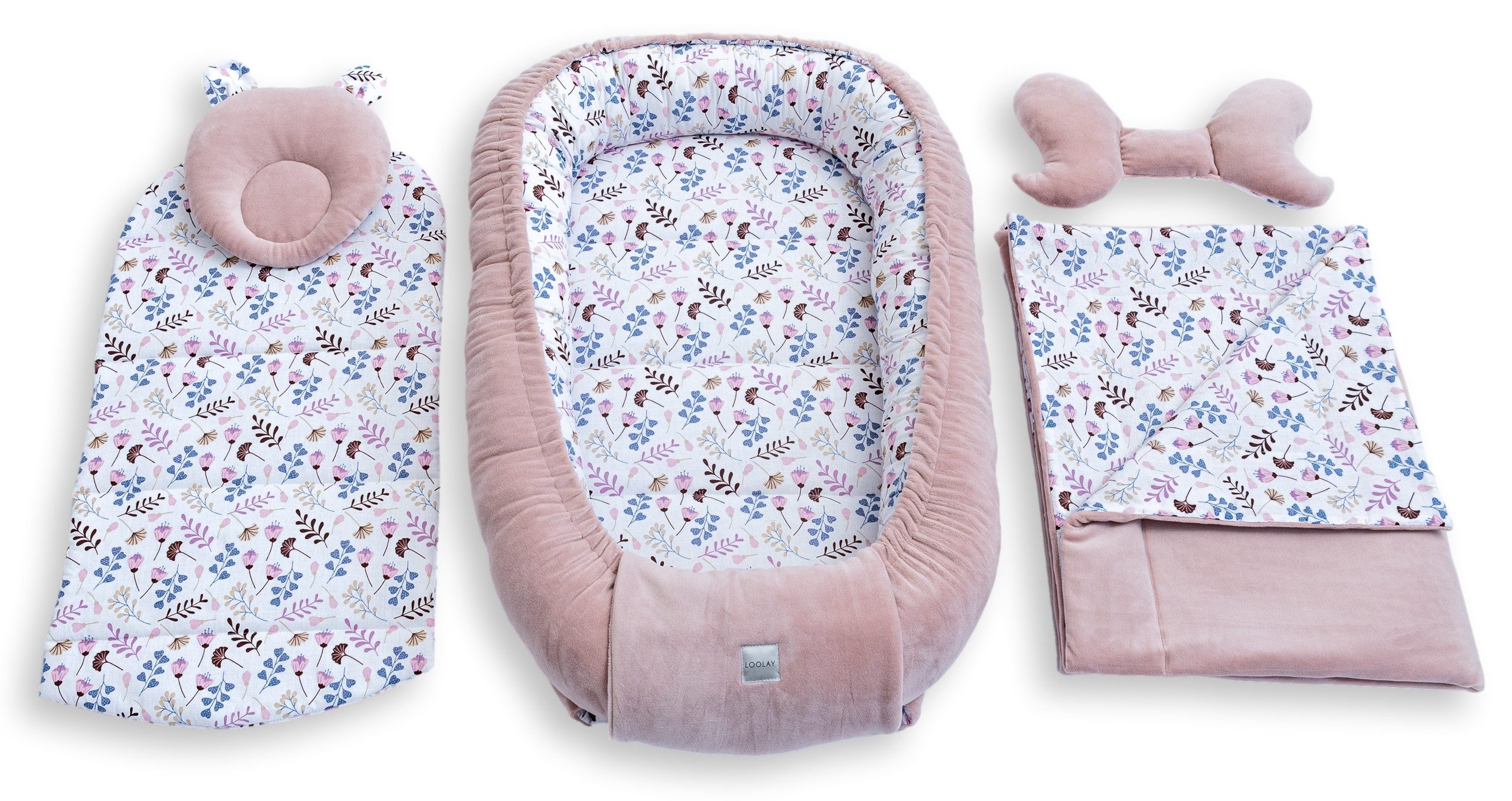 Loolay Kuschelnest BABYNEST 5 TLG. Set PREMIUM Babyausstattung Baumwolle & Samt Velours, (MUSTER: ROSA Samt Velour/ Blumen Rosa, 5-tlg., Liebevoll handgefertigt – Bild 2 von 5