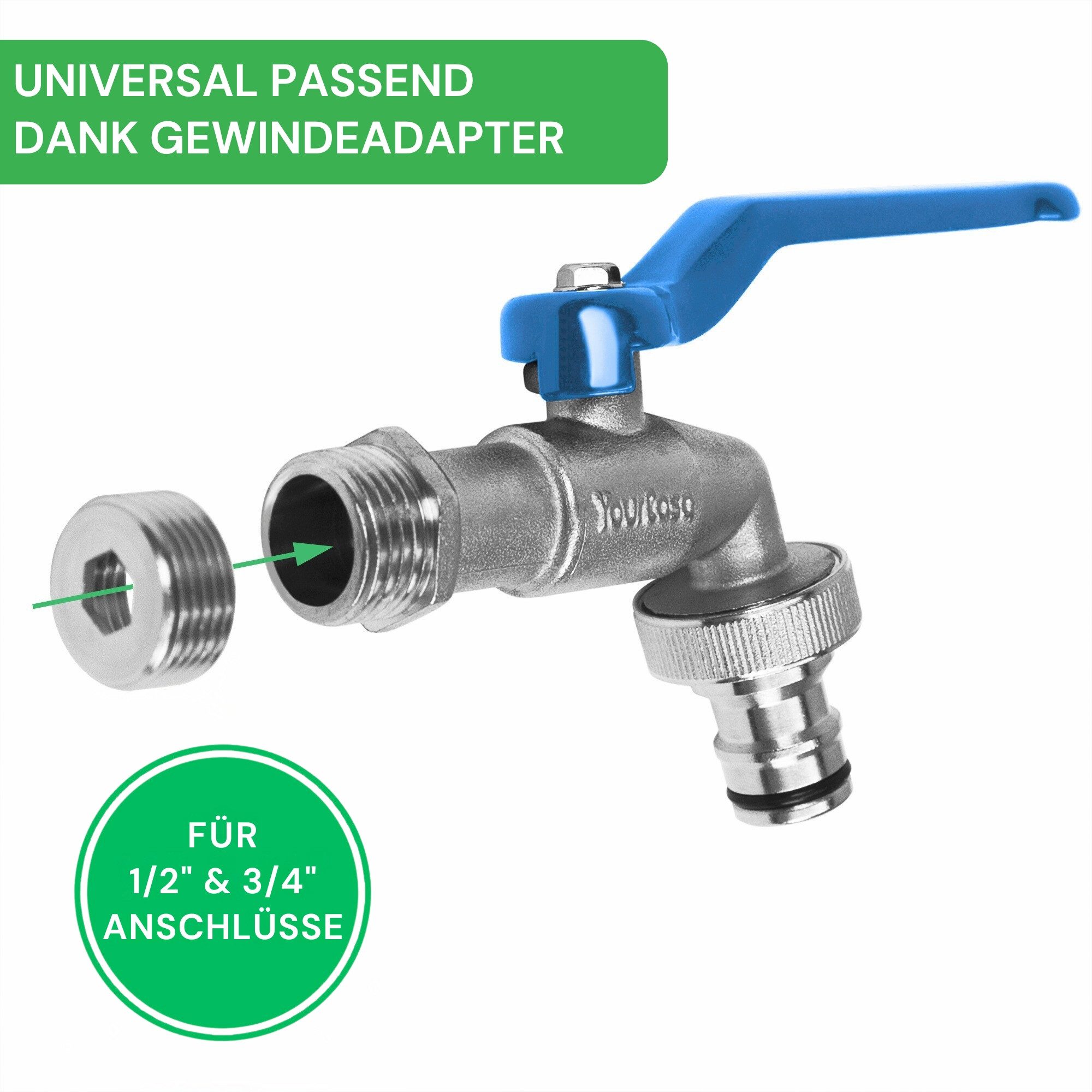 YourCasa Absperrventil Wasserhahn Garten 1/2 Zoll & 3/4 Zoll aus Messing, Messing, Schnellkupplung, Adapter auf 3/4 Zoll – Bild 5 von 5