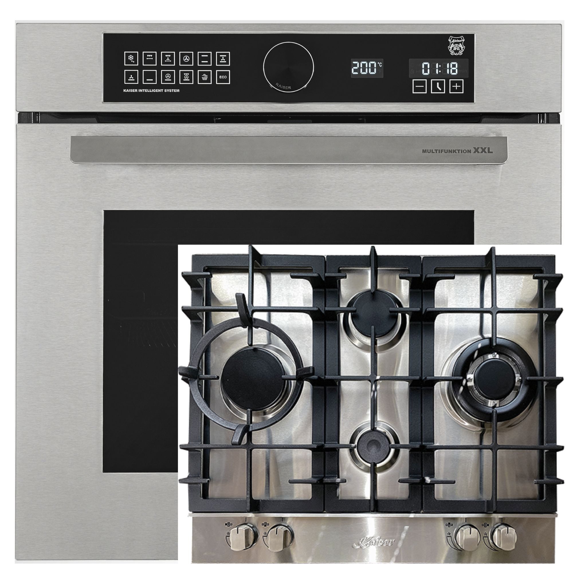 Kaiser Küchengeräte Backofen-Set Herd Set Autark Edelstahl Backofen 60 cm mit Anti touch-Effekt, 79 (L), Air Fry, Heißluft, Temperatursonde, Pizzastein, Drehspieß+Gas-Kochfeld Autarkes Edelstahl Gaskochfeld 60 cm 4 Brenner EH 6451+KG 6364, mit 1-fach-Teleskopauszug, Katalytische Selbstreinigung, Dampfreinigung