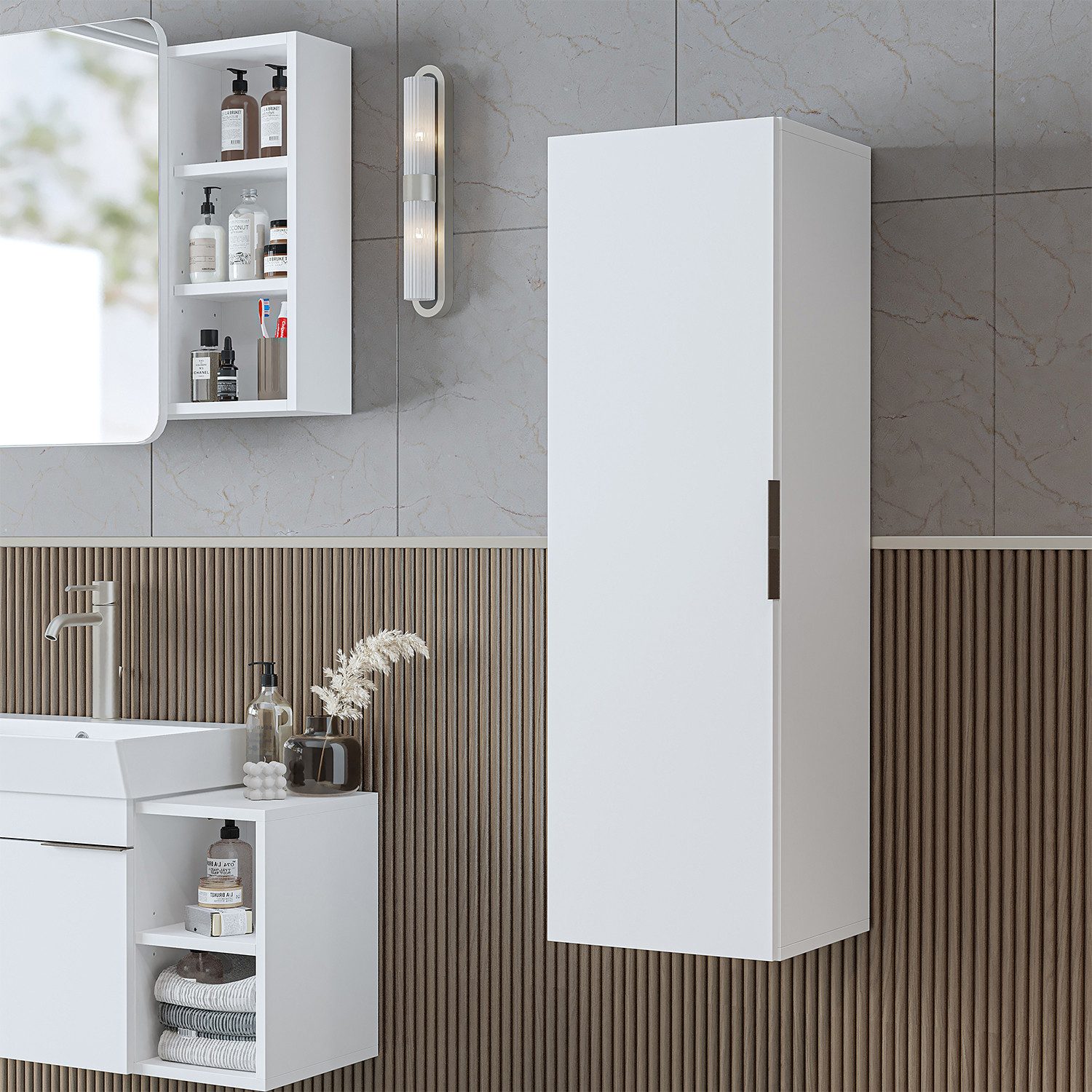 Roomart Badmöbel-Set LYCIA 50 cm 4-tlg., Hochschrank, Keramikbecken, Gäste-WC, (Komplett-Set), Soft-Close-Funktion, Wandmontage, Hochschrank, Waschbecken