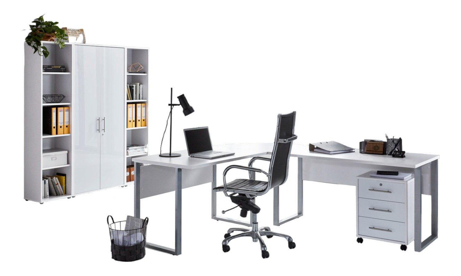 moebel-dich-auf Büromöbel-Set TABOR PRO Set 3, (abschließbar, 5-tlg., Winkelschreibtisch mit Rollcontainer + Aktenschrank + 2 Aktenregale), mit Edelstahlgriffen & lackierten Fronten, MADE IN GERMANY