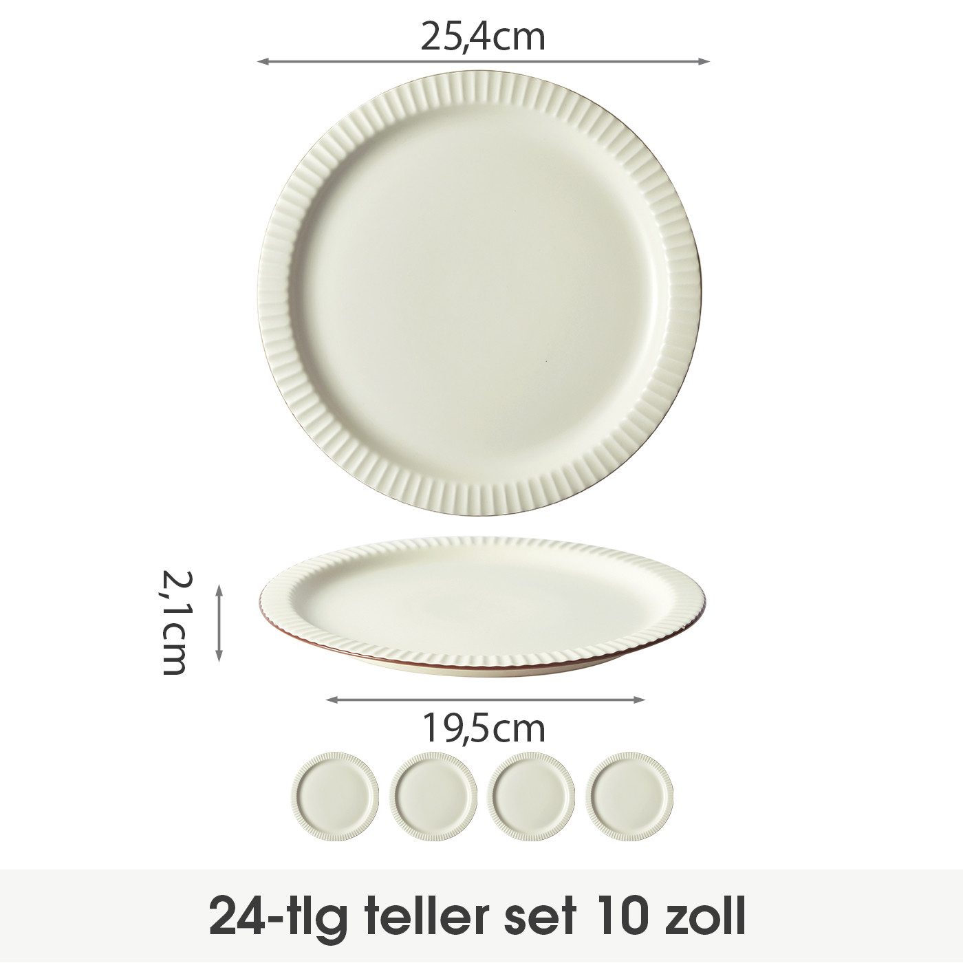 JIWOO Teller 4er Ø25,4cm, Steakteller Salatteller Pastateller Dessertteller Plate, (24 St), Keramik Hochwertiges Tellerset Weiß Mikrowellen spülmaschinenfest