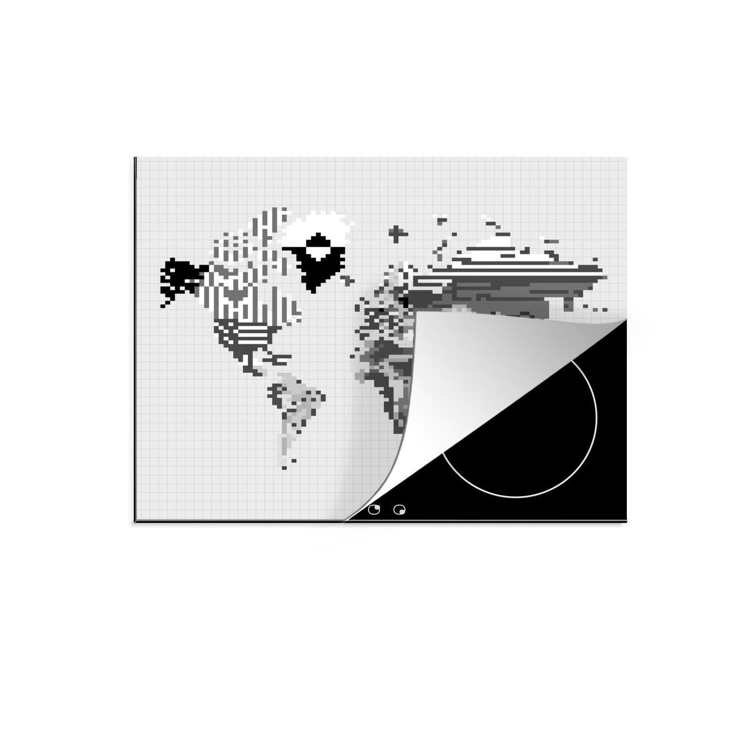 Herdblende-/Abdeckplatte 71x52 weiß, küche, Pixel cm, - Ceranfeldabdeckung für Induktionskochfeld (1 Schwarz - die und MuchoWow Schutz tlg), Weltkarte Vinyl,