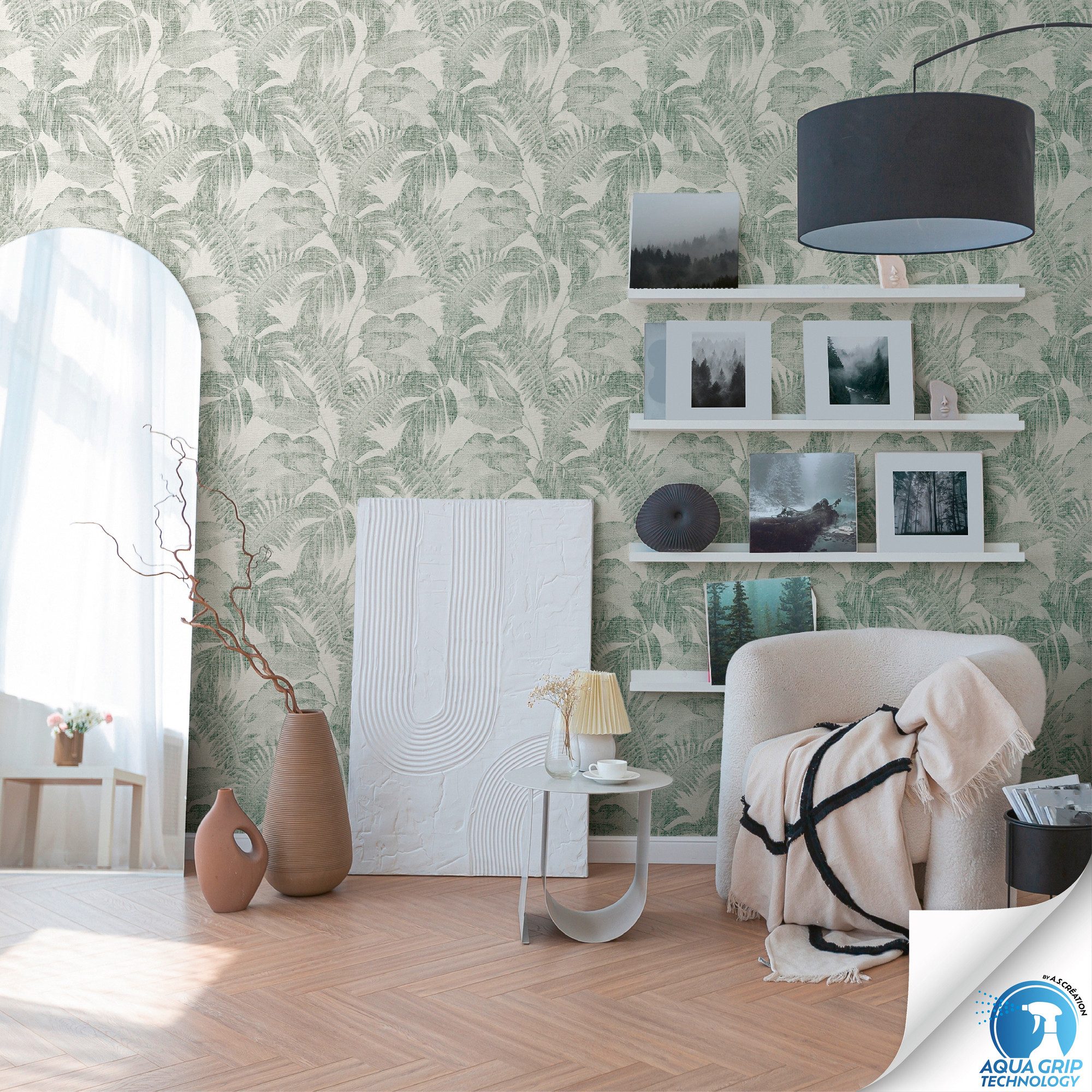 living walls Vliestapete DesignDrop vorgeleimte Tapete Dschungel Grün Grau Weiß, strukturiert, matt, (1 St), Vliestapete vorgekleistert floral für Schlafzimmer Wohnzimmer Küche