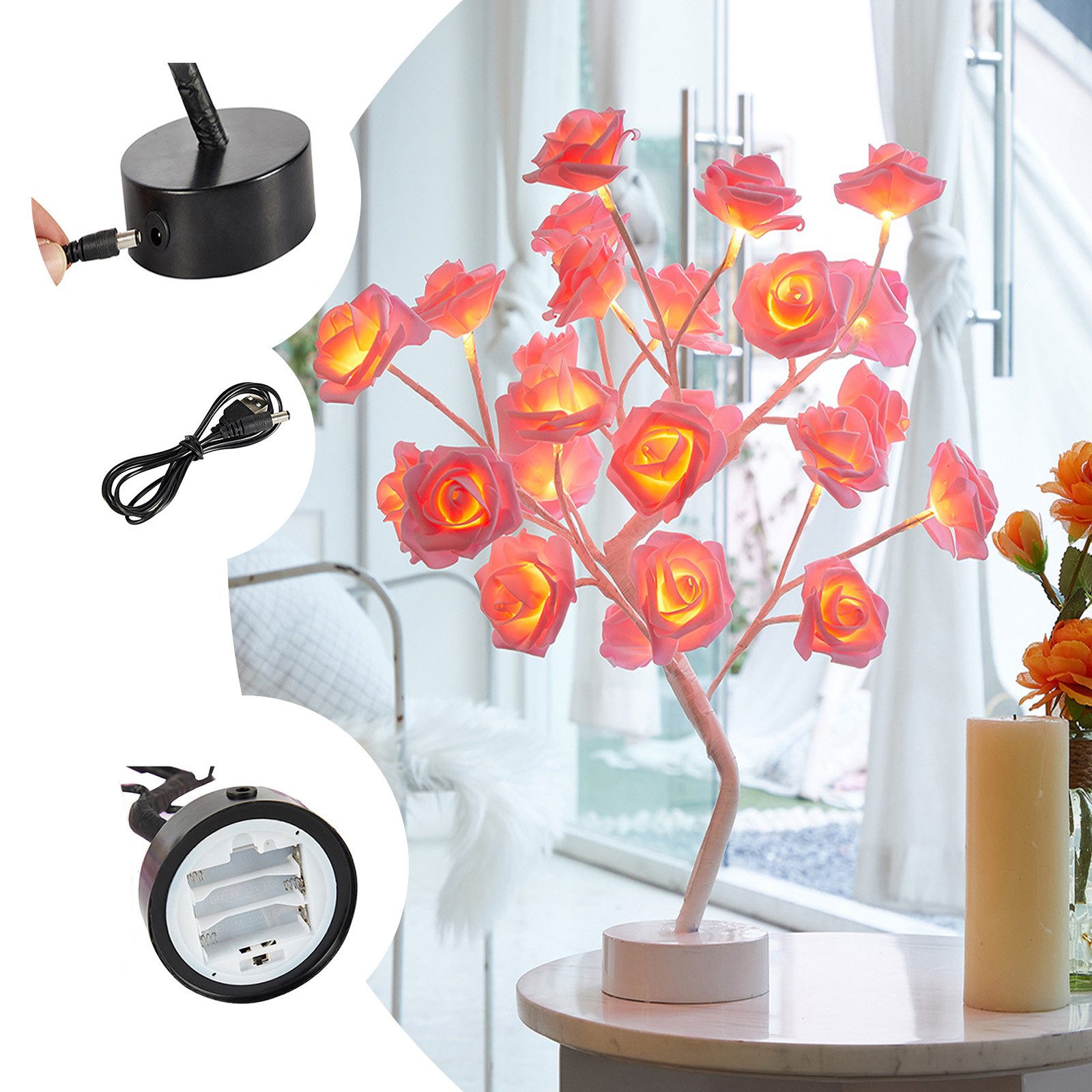 MUPOO LED Baum Rosenblütenbaum Licht für Tischplatte, LED-Tisch-Bonsai-Baum Lichtdekor, Rosa Rose, weiße Basis, LED fest integriert, für Valentinstag,Zuhause,Hochzeit