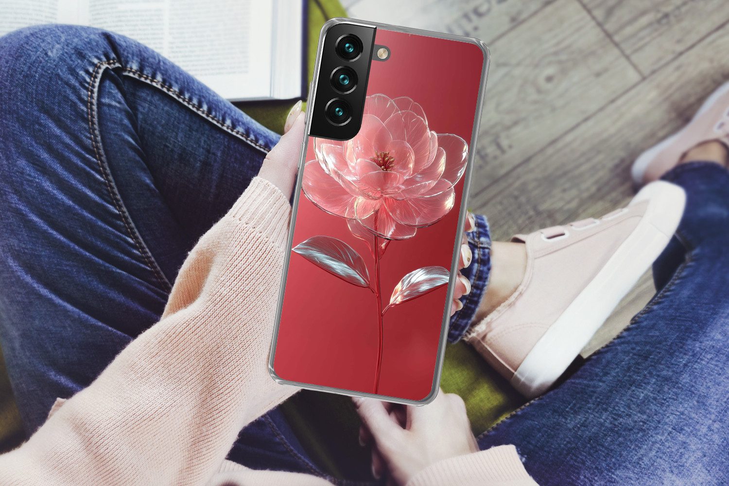 MuchoWow Handyhülle für Samsung Galaxy S22 Plus Verziert - Blume - Rosa - Gläser, Phone Case, Silikon, Schutzhülle Dünn
