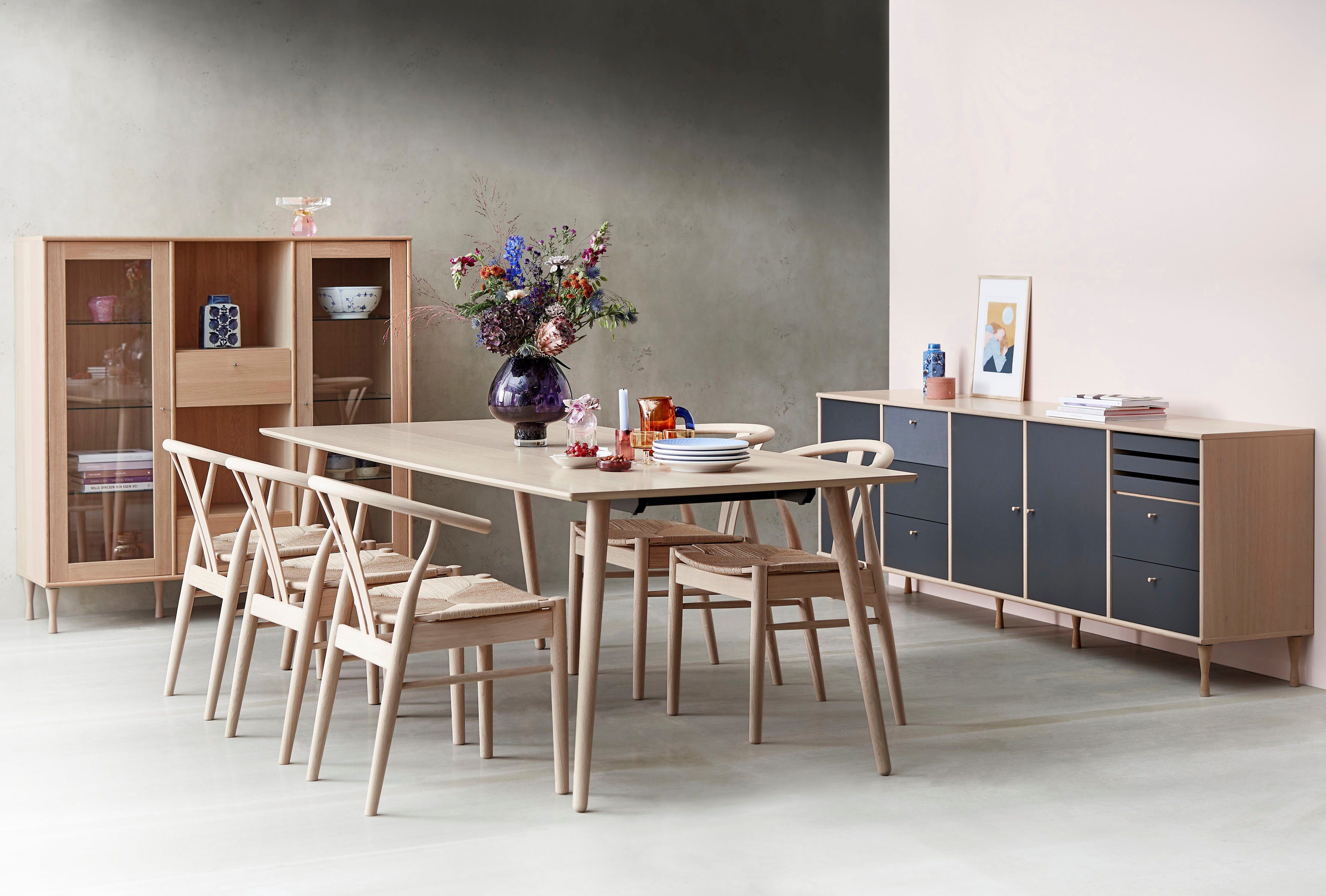 Hammel Furniture Esstisch Meza Designtisch mit Auszugsfunktion und 2 Einlegeplatten, bootsförmige Tischplatte MDF, Eiche Massivholzgestell