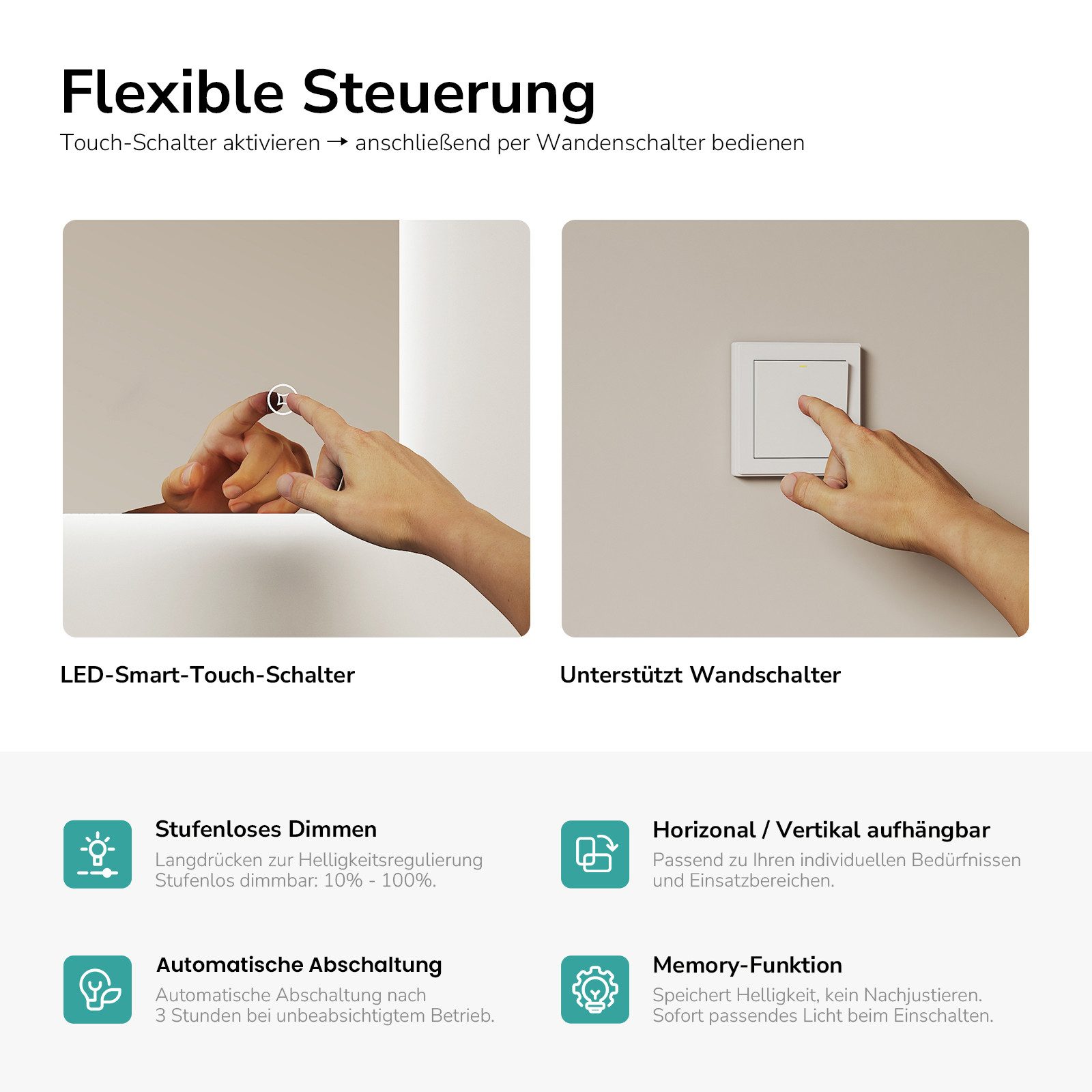 EMKE Badspiegel Badezimmers piegel mit LED Beleuchtung rahmenlos eckig Wandspiegel (Veritial und Horizontal möglich), mit Intelligenter Touchschalter, Kaltweiße – Bild 3 von 5