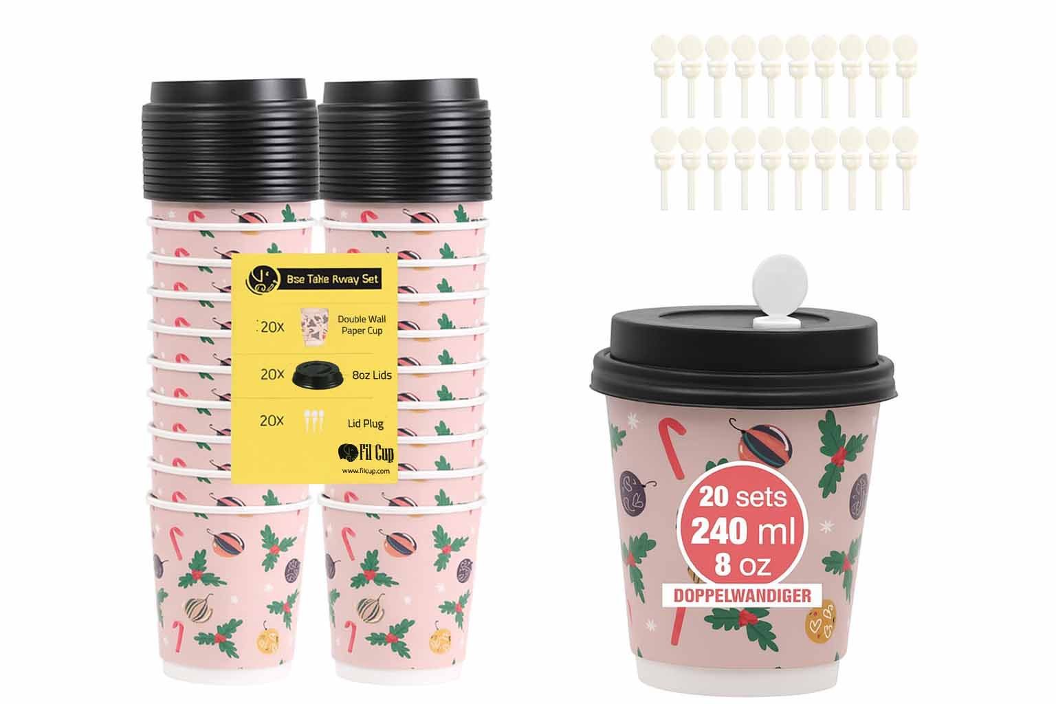 Weit & Breit Handelsgesellschaft mbH Coffee-to-go-Becher Kaffeebecher 20er Set pink Auslaufsicher Doppelwandig, Pappe (Becher), PS (Deckel), Doppelwandiges Design für heiße Getränke