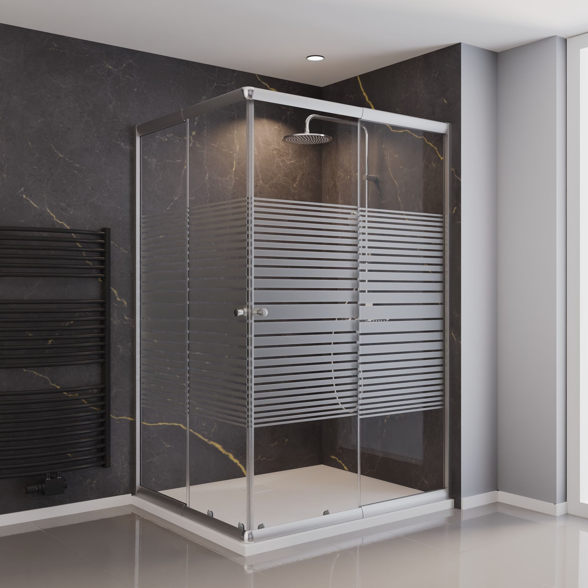 Schulte Eckdusche Sunny, variabler Verstellbereich 80-100 x 100-120 cm, Höhe: 180 cm, BxT: 100x120 cm, Sicherheitsglas, Querstreifen, Profil Silberfarben, Eckeinstieg mit Schiebetüren