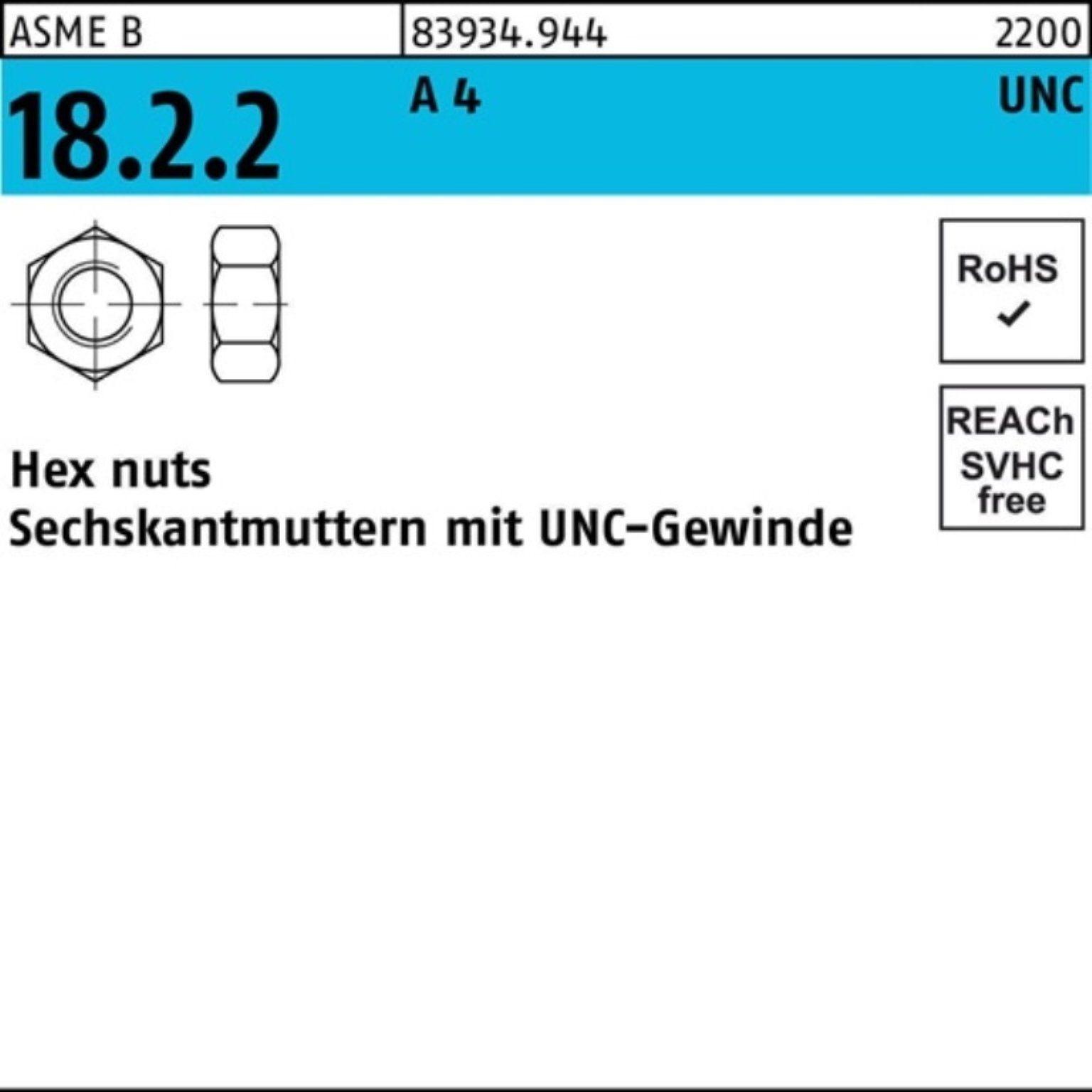 Reyher Muttern 100er Pack Sechskantmutter R 83934 UNC-Gewinde 1/4 A 4 100 Stück ASME