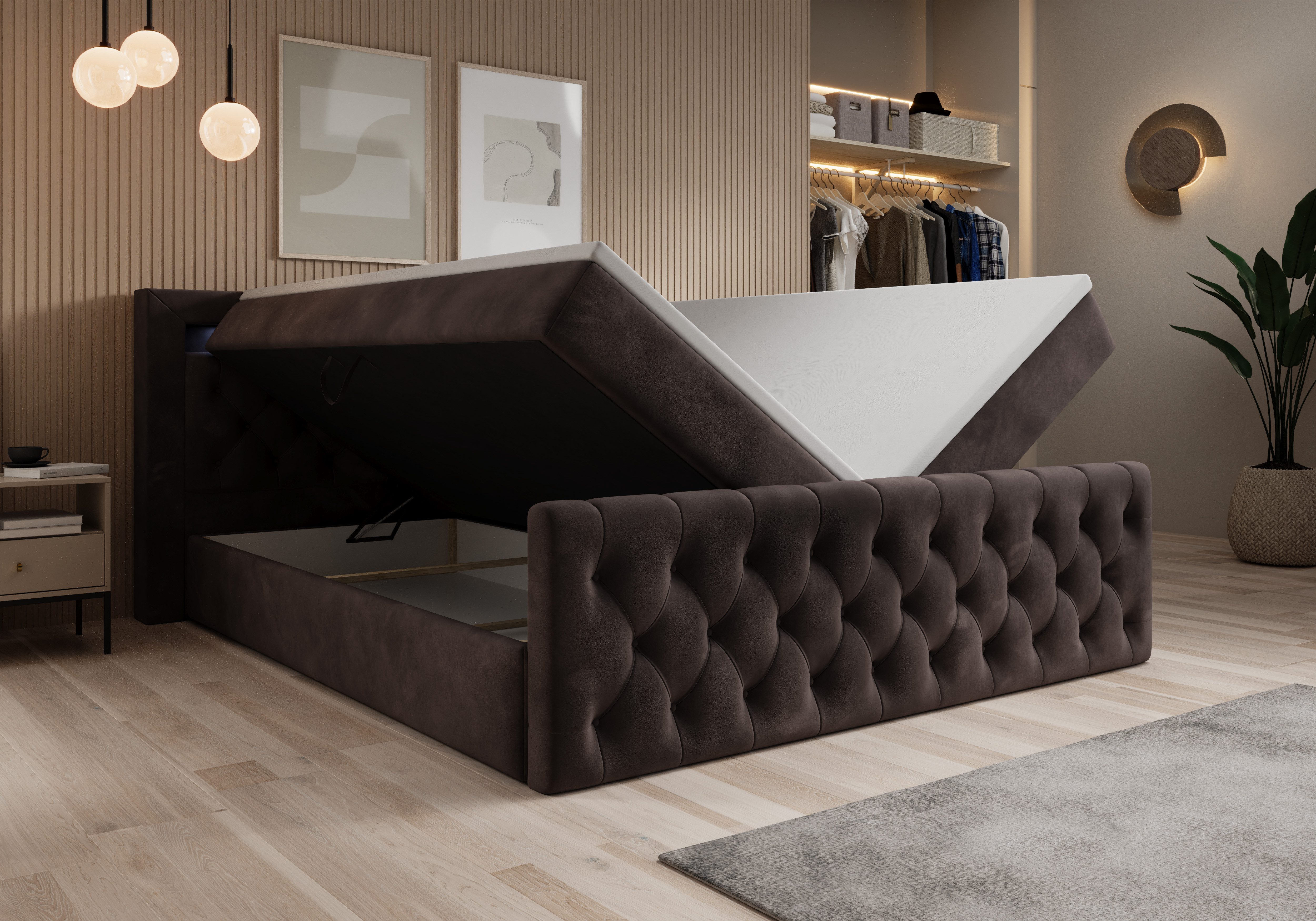 thematys Boxbett LED mit Bettkasten 140x200–200x200 cm – Velours oder Bouclé Bezug – (Polsterbett Bonnellfederkern Matratze H3 + Gratis 3cm Topper, Boxbett - Lu – Bild 2 von 5