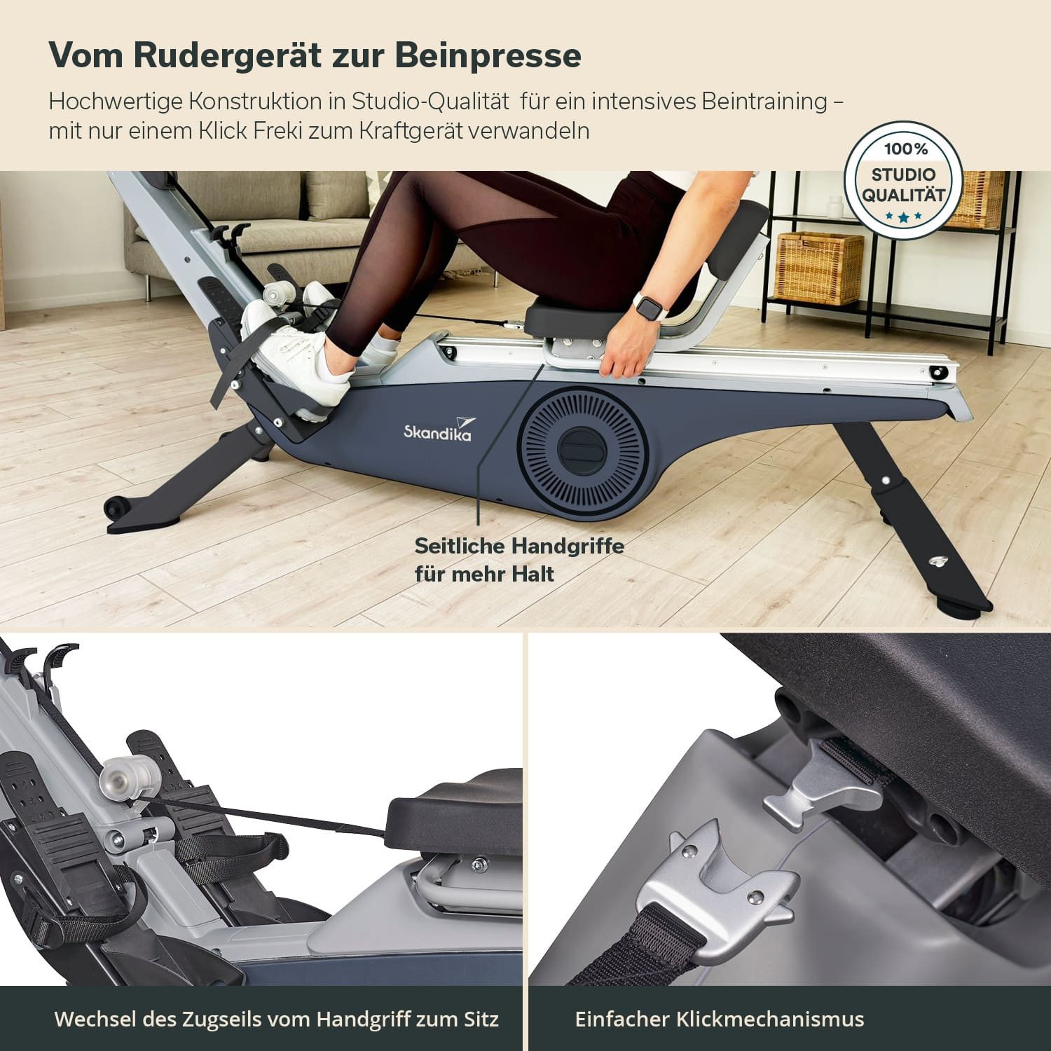 Skandika Rudergerät für Zuhause Freki Plus, 24 Widerstandsstufen, 19 Trainingsprogramme (24 stufiger Magnetwiderstand, max. Körpergewicht von 135 kg), 10-stufiger Magnetwiderstand, 8 kg Schwungmassensystem, Kinomap App
