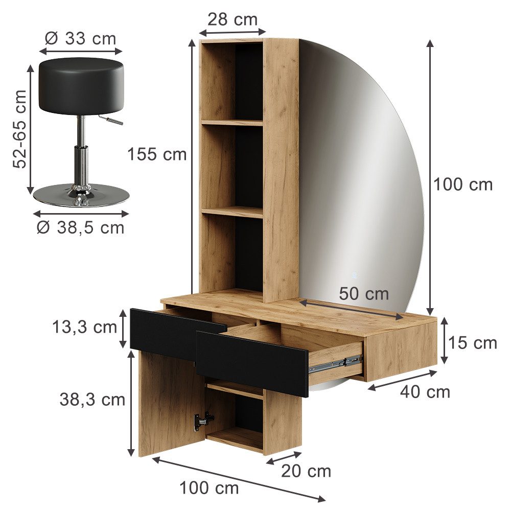 Vicco Schminktisch Melora, Eiche/Schwarz, 100 cm mit LED-Spiegel und Hocker (3-St)
