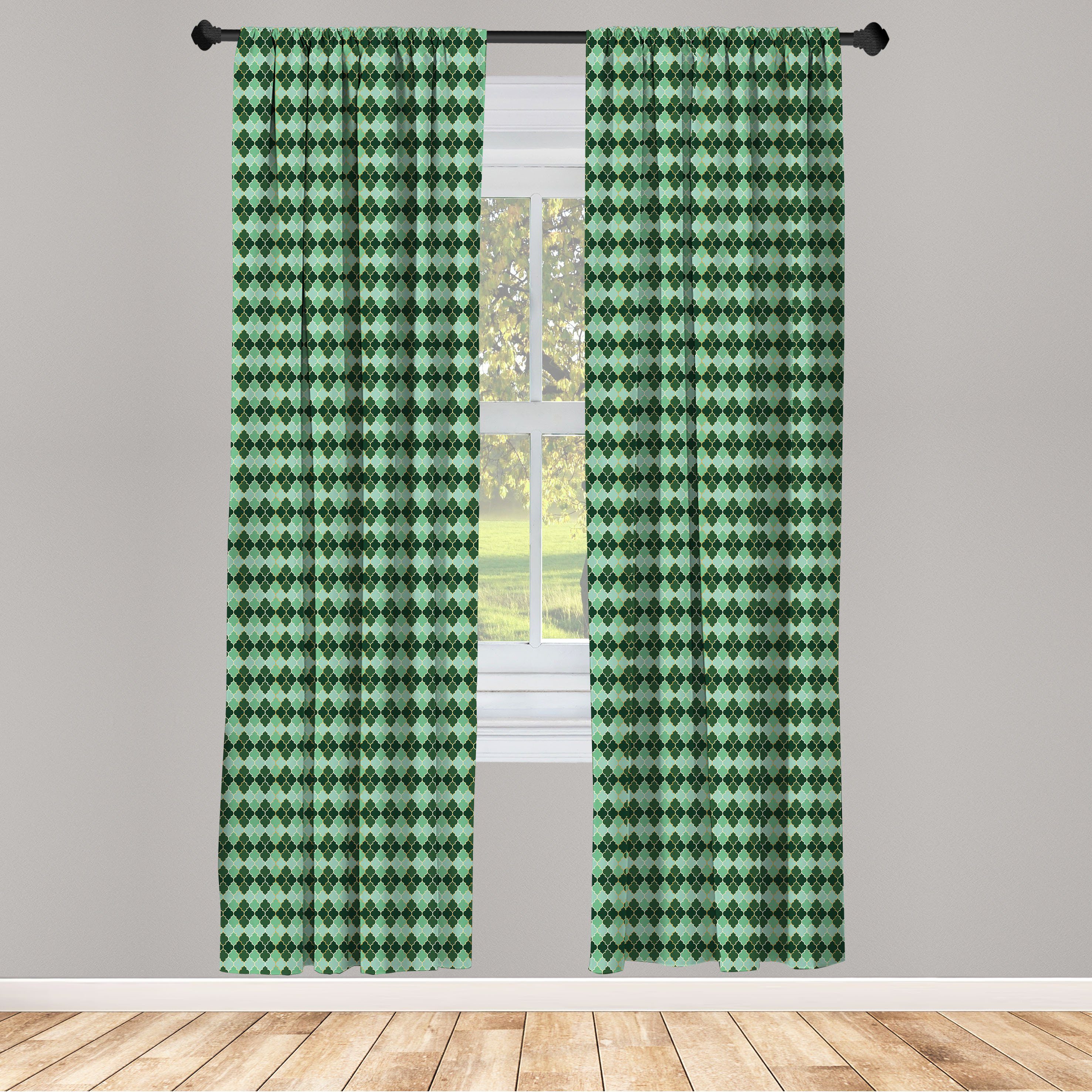 Gardine Vorhang für Wohnzimmer Schlafzimmer Dekor, Abakuhaus, Microfaser, Quatrefoil Argyle Grün-Töne Gitter | Fertiggardinen