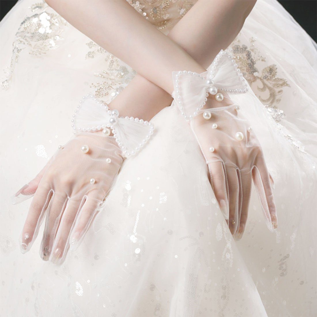 Vintage Handschuhe, Bogen Handschuhe Braut Brautkleid Abendhandschuhe Perle DÖRÖY weiße