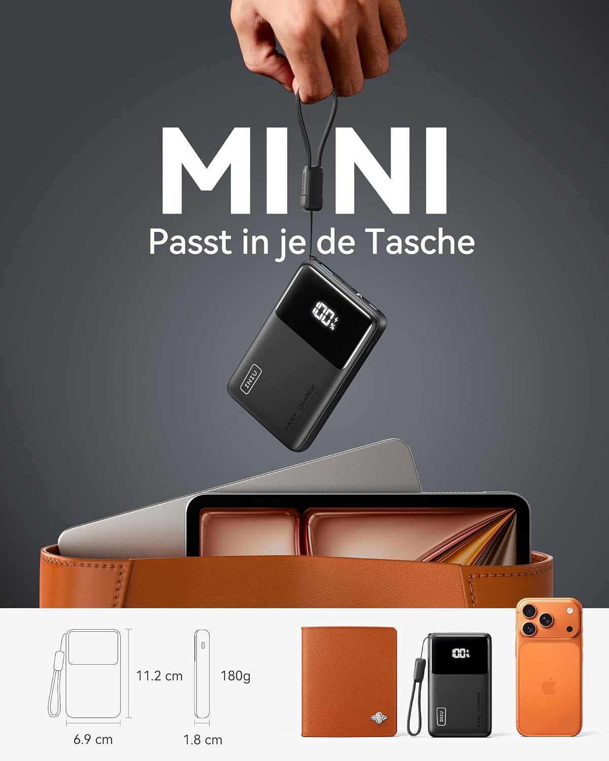 INIU Fast Charger 3in1 Mini Powerbank Geeignet für iPhone, Samsung, AirPods, Tablets 10000 mAh, 45W Schnellladefunktion, Kompakt & Reisegeeignet