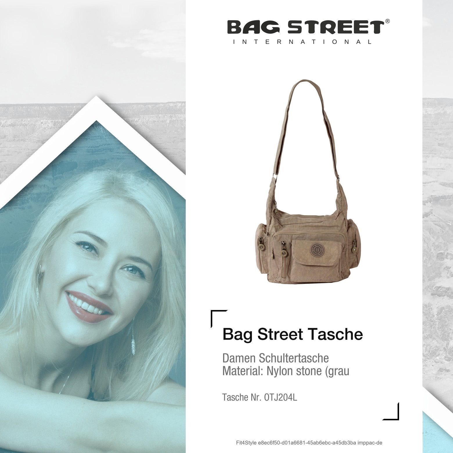 (Schultertasche), stone Street Schultertasche BAG Schultertasche (grau, STREET ca. Damenhandtasche 30cm ca. Nylon, braun) Schultertasche x 22cm Bag