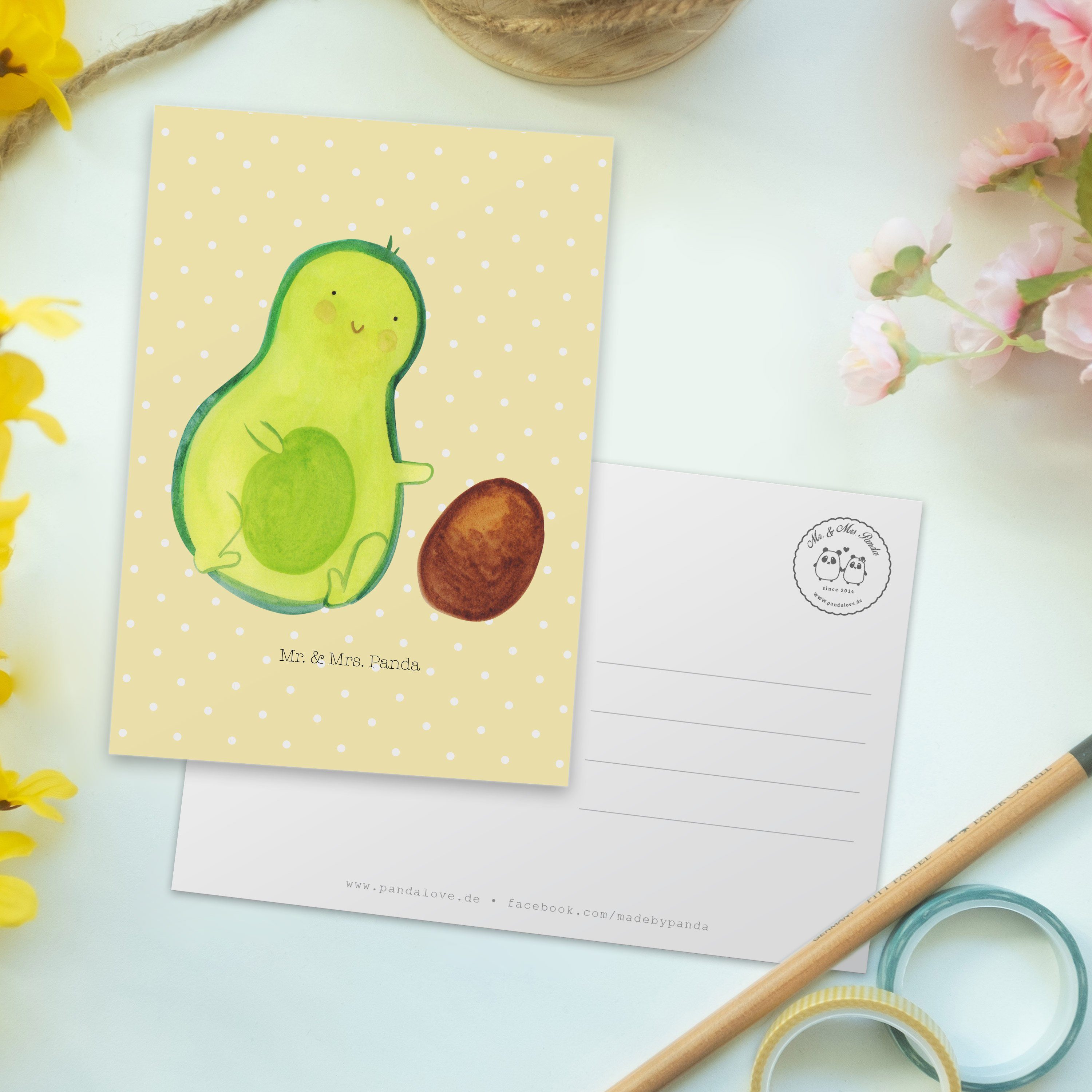 Veggie Avocado Geburt, Karte, Mr. Kern - rollt Pastell Postkarte - Mrs. & Geschenk, Panda Gelb