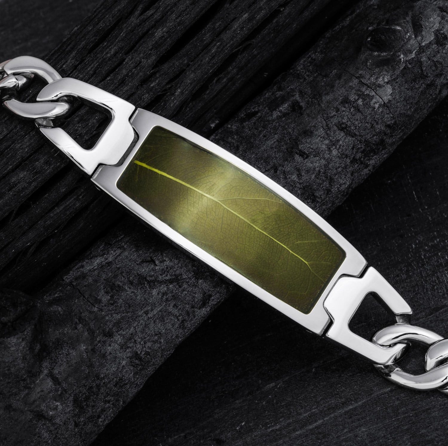 Holzkern Gliederarmband Herren-Edelstahl Modulus Blatt Grün/Silberfarben