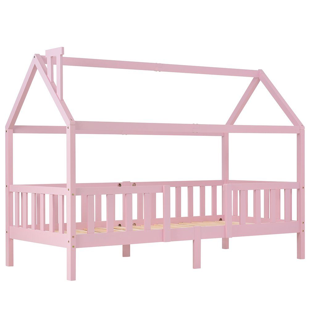 Kinderbett (Hausbett 90 x 200 cm), mit Schornstein, Rausfallschutz und Lattenrost, aus Kiefernholz