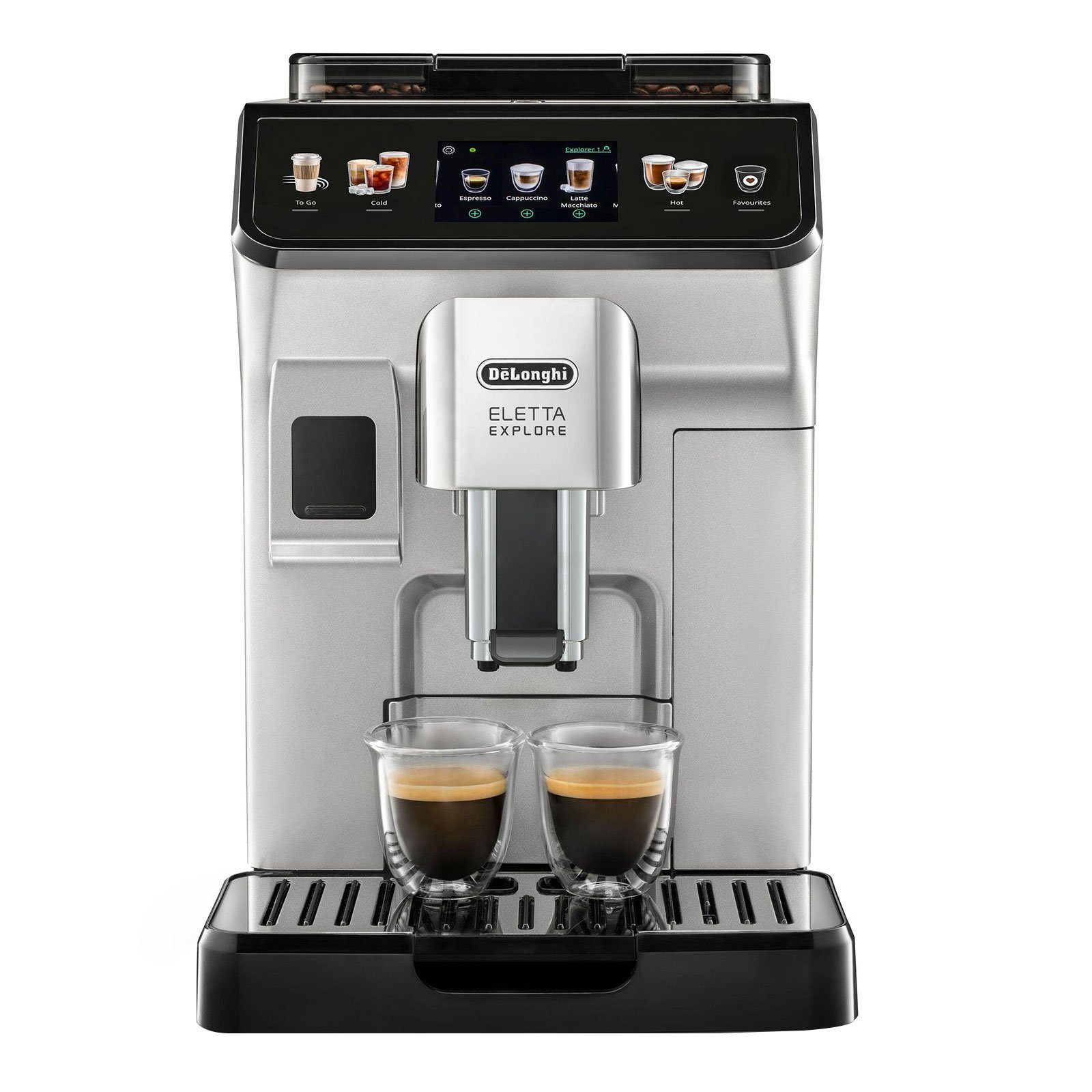 De'Longhi Kaffeevollautomat Ecam 450.55.S Eletta Explore, Kegelmahlwerk,  Silber, TFT Touch Display, 300 g Bohnenbehälter, 1,8 l Wassertank,  Milchbehälter, einstellbarer Mahlgrad