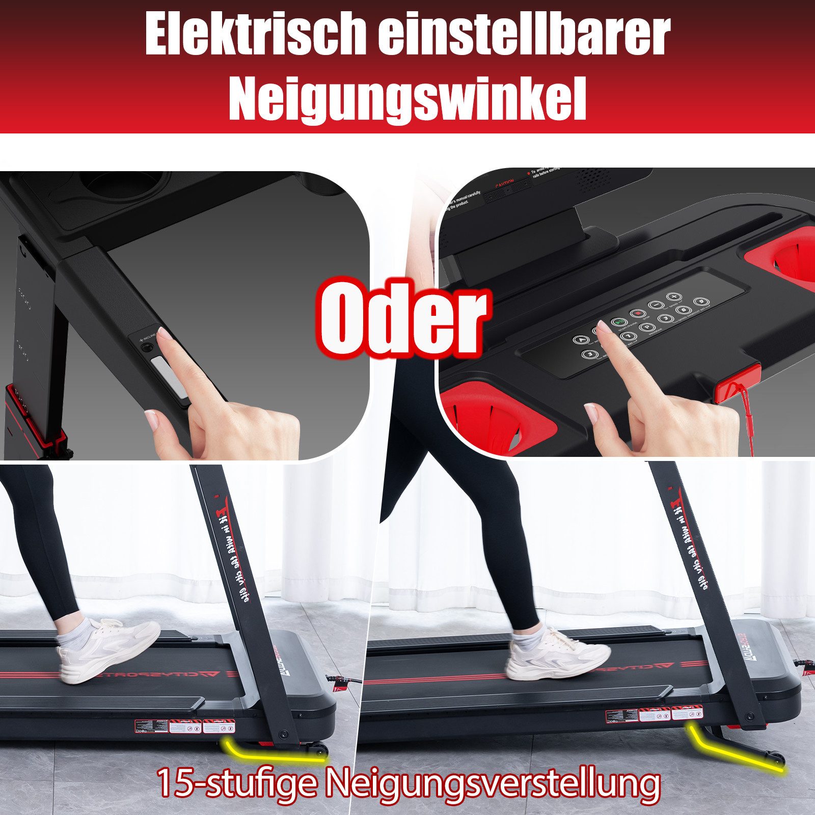CITYSPORTS Laufband Laufband für zu Hause, Elektrischer Winkellift 15 St. mit Bosch motor, Mit Puls Max Tragfähigkeit 200kg, 3700W Motor Walking-Jogging-Pad