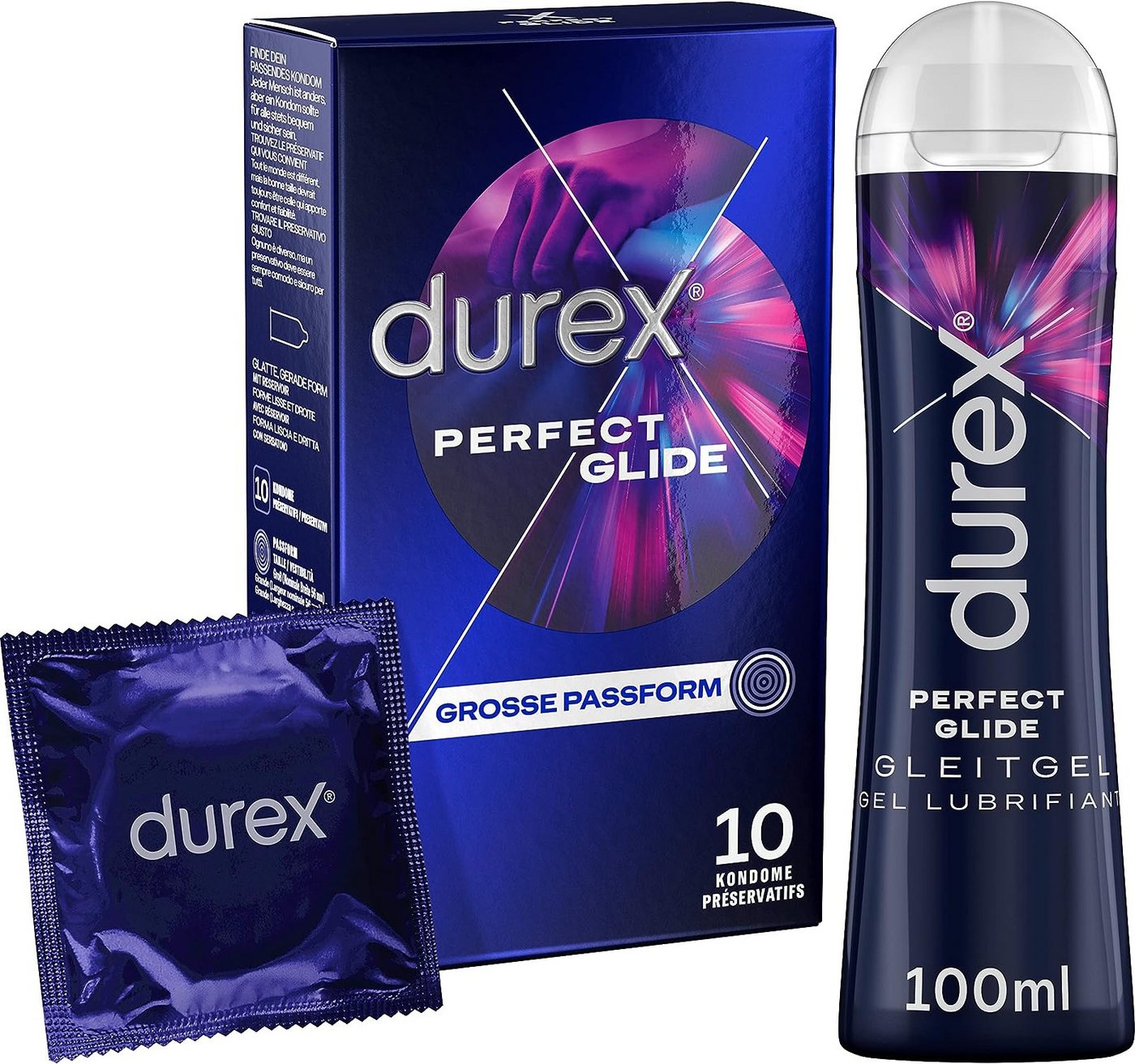 durex Gleitgel Perfect Glide 100ml & Perfect Glide 10er Kondome, Ausprobier Mix, mit Silikongleitgel für bessere Gleitfähigkeit