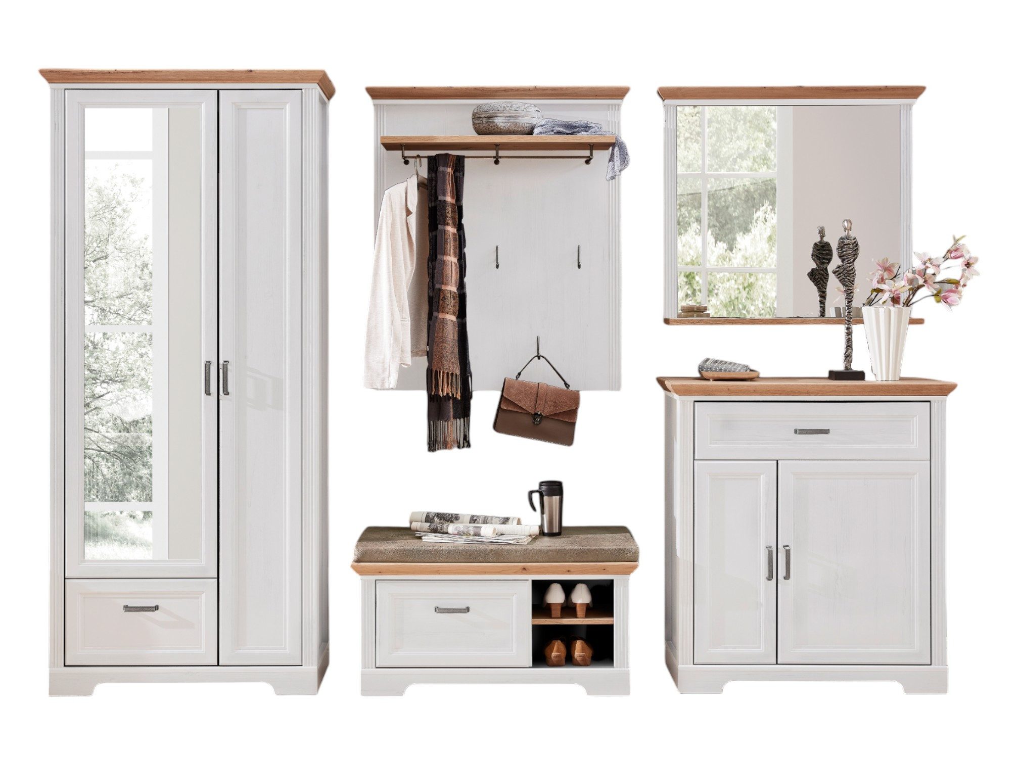 moebel-dich-auf Garderoben-Set FLORENZ Set 2, (Komplettgarderobe, Garderobenschrank + Paneel + Bank + Spiegel + Schuhkommode), in 2 Farben erhältlich