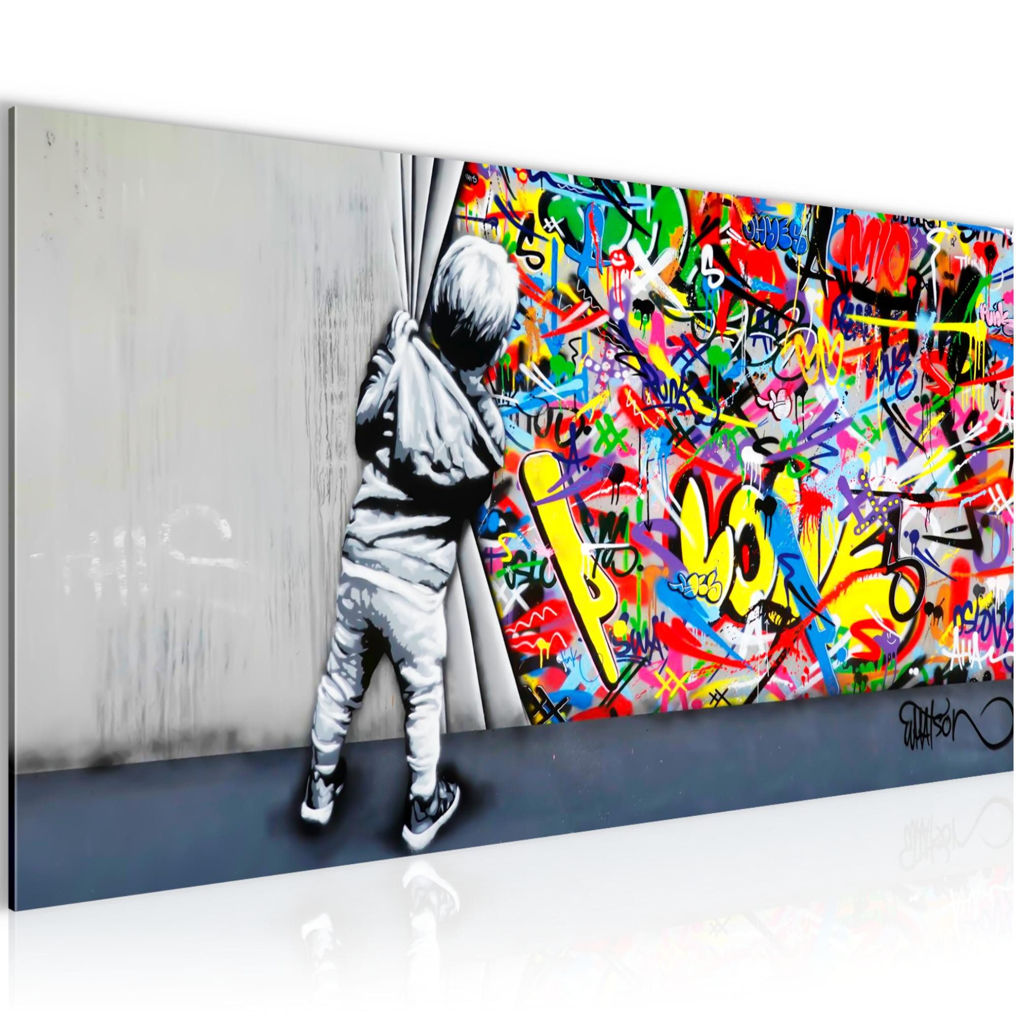 Runa Art Wandbild Banksy Style Streetart Bild Graffiti Wohnzimmer Loft 100x40 cm, Behind the curtain (1 St)