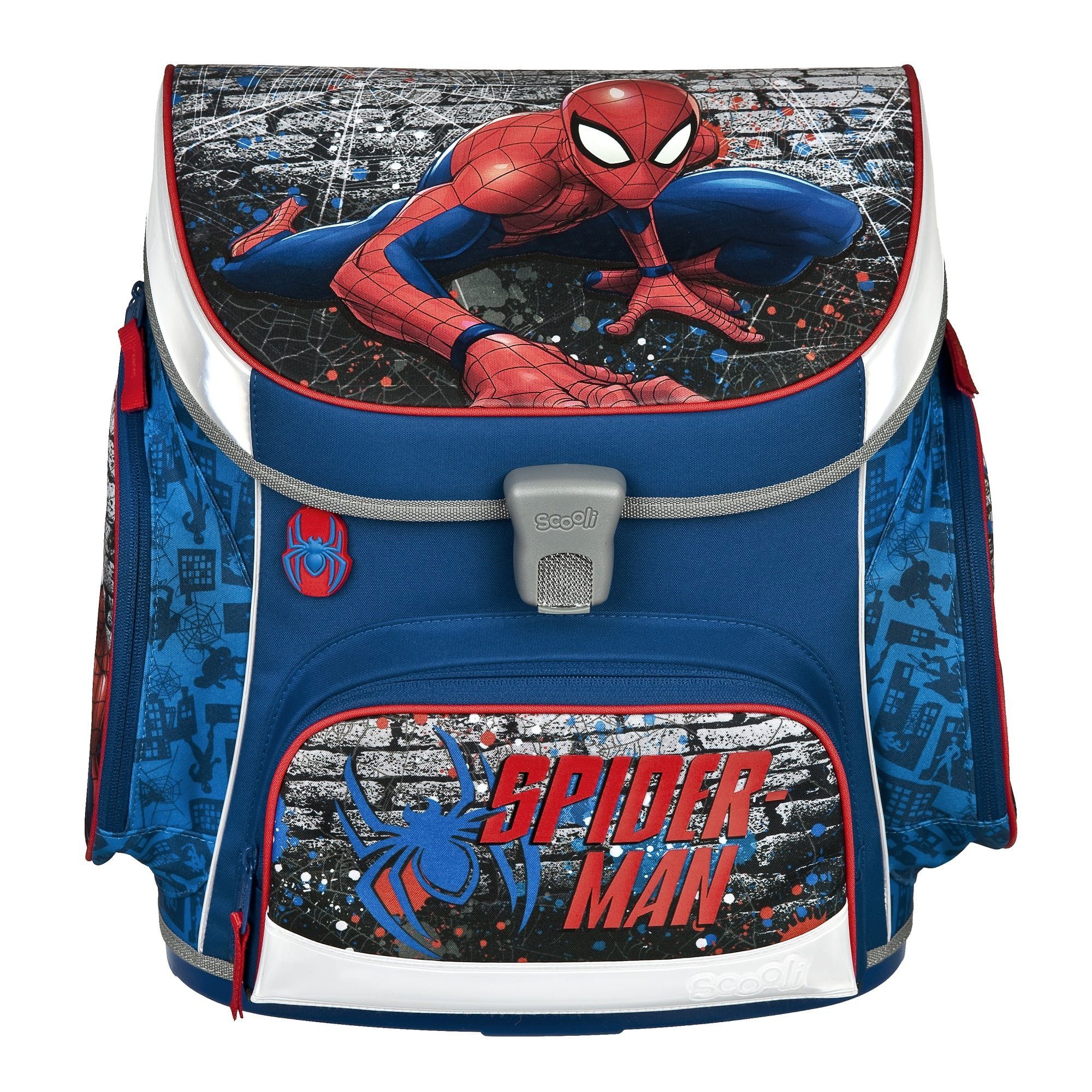 Scooli Schulranzen Campus Fit SPIDER-MAN Schultasche, blau, ab der 1. Klasse (Set, 5-tlg., inkl. Federmäppchen, Schlamper, Turnbeutel & Geldbeutel), mit Brustgurt, 1.000 Gramm leicht, 18L Volumen
