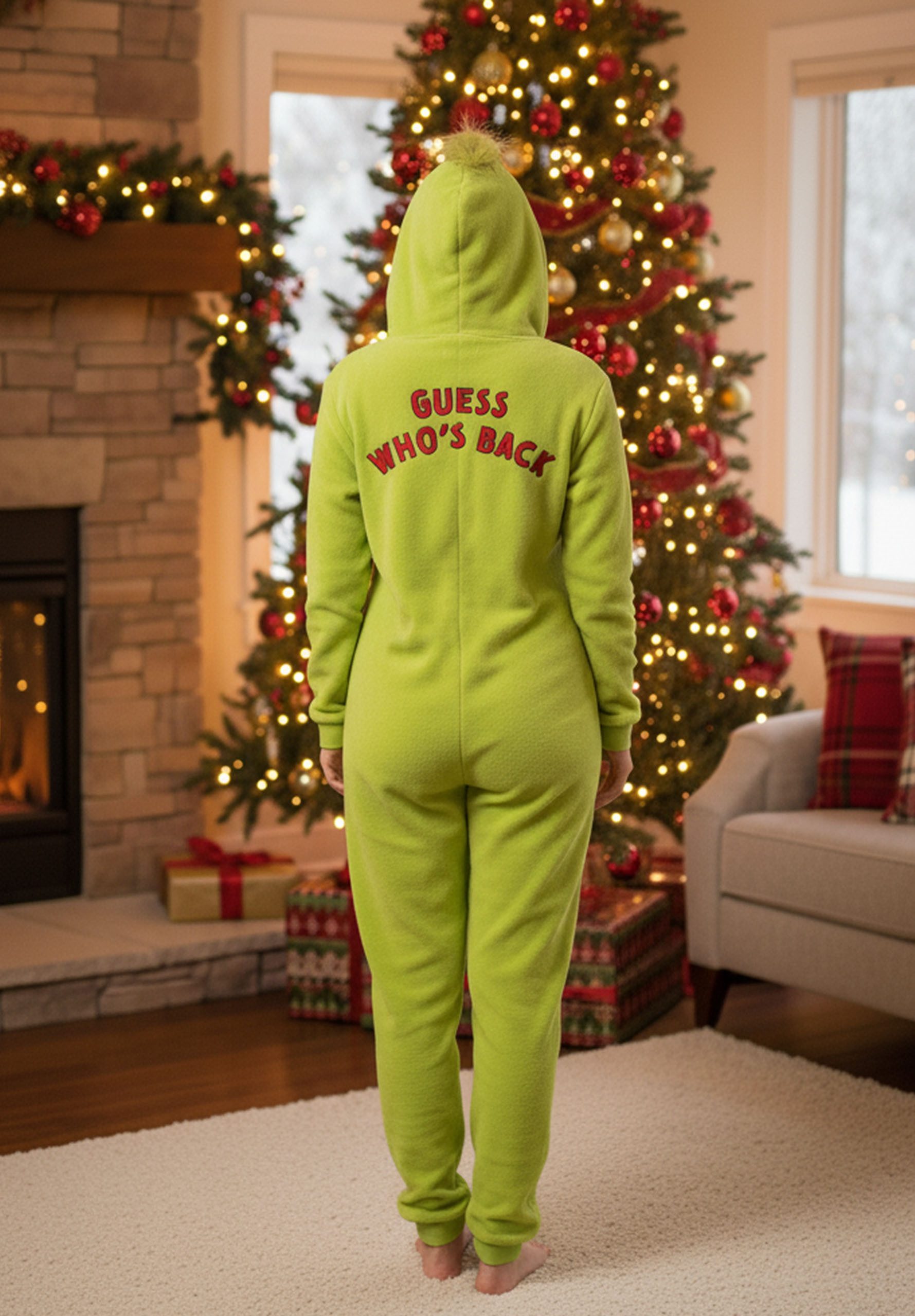 Sarcia.eu Schlafoverall Grinch Fleece-Einteiler mit Reißverschluss, warmer Damen-Onesie Kapuze