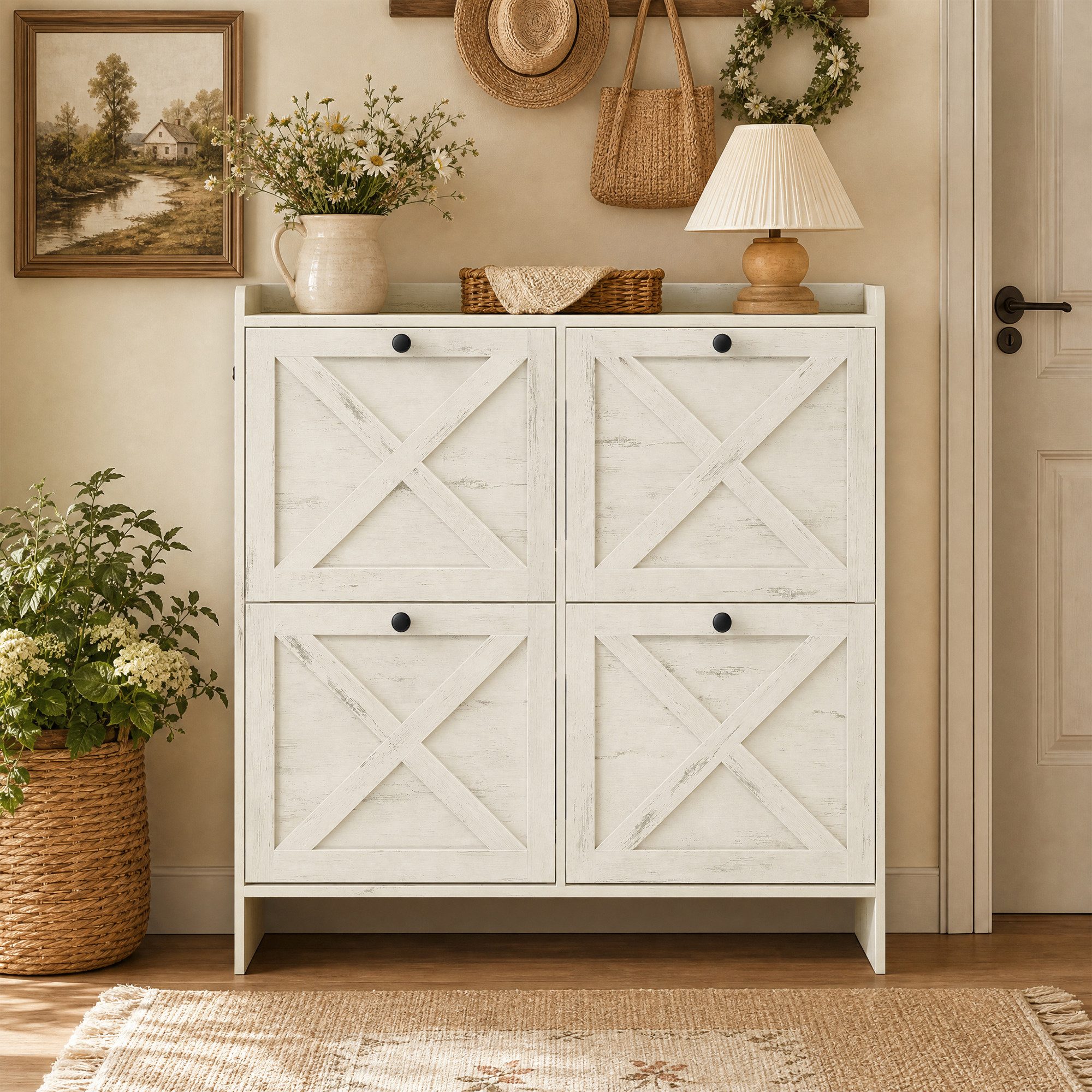 VASAGLE Schuhschrank Landhausstil, für Flur und Wohnzimmer mit 4 Klappen, Platzsparend für 24 Paar Schuhe, 105,5 x 24 x 101,7 cm