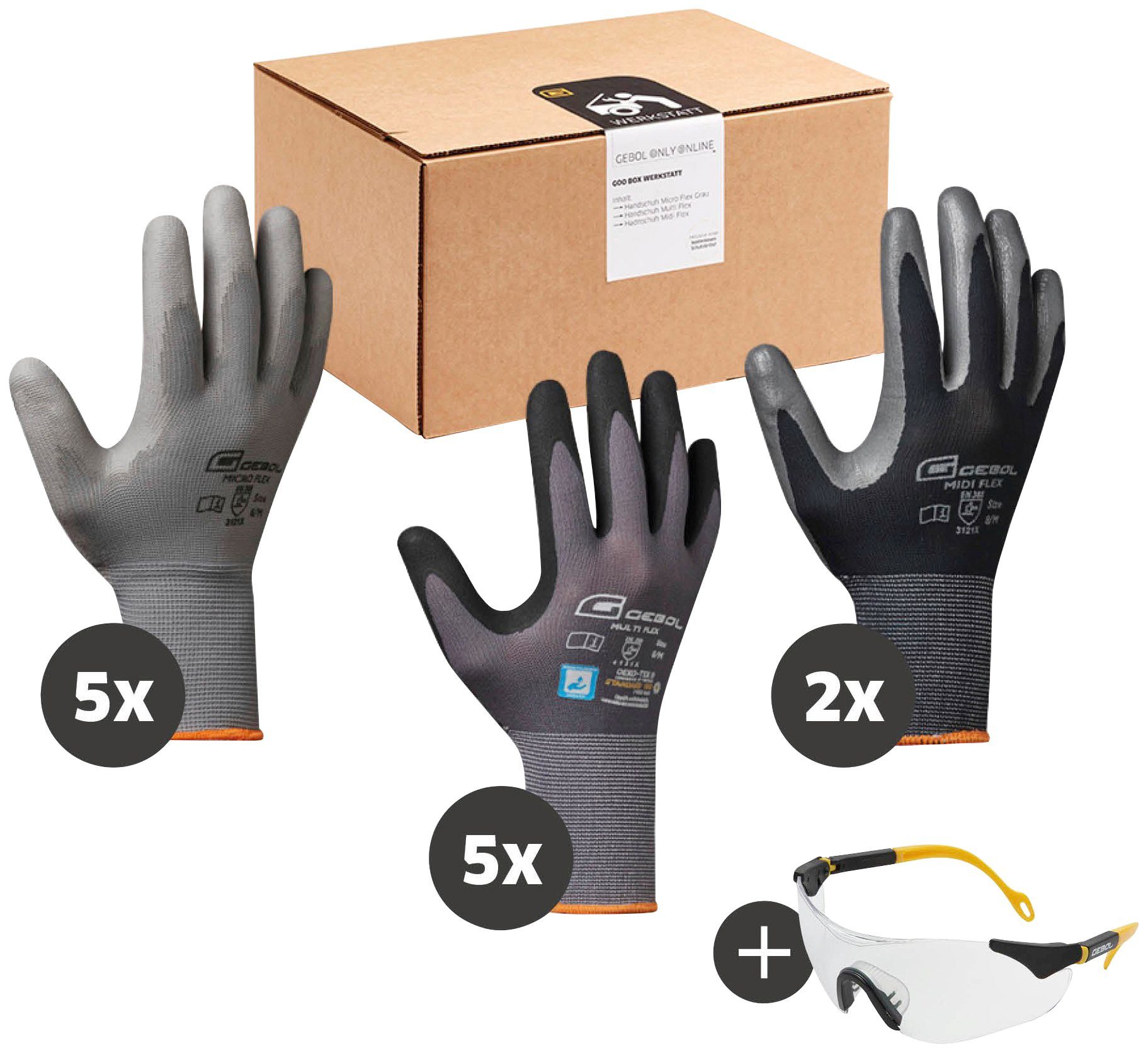 Gebol Arbeitshandschuh-Set Werkstatt 12 Paar Handschuhe und 1 Schutzbrille | Arbeitshandschuhe