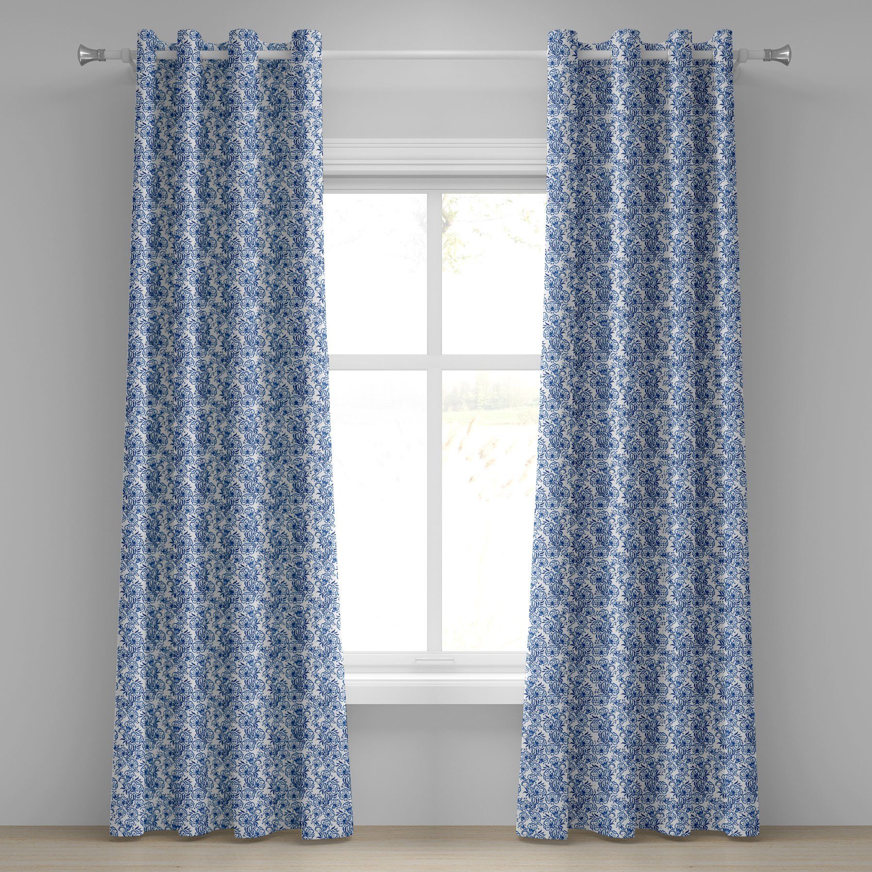 Gzhel Stil Gardine Schlafzimmer Russisch für Blau Wohnzimmer, Dekorative Abakuhaus, 2-Panel-Fenstervorhänge Flora