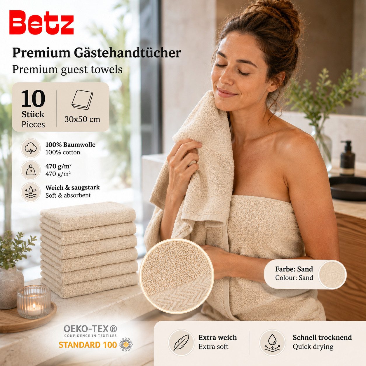 Betz Gästehandtücher 10 tlg. Gästehandtücher-Set PREMIUM 100 % Baumwolle 30x50cm, 100% Baumwolle (10-St) – Bild 3 von 5