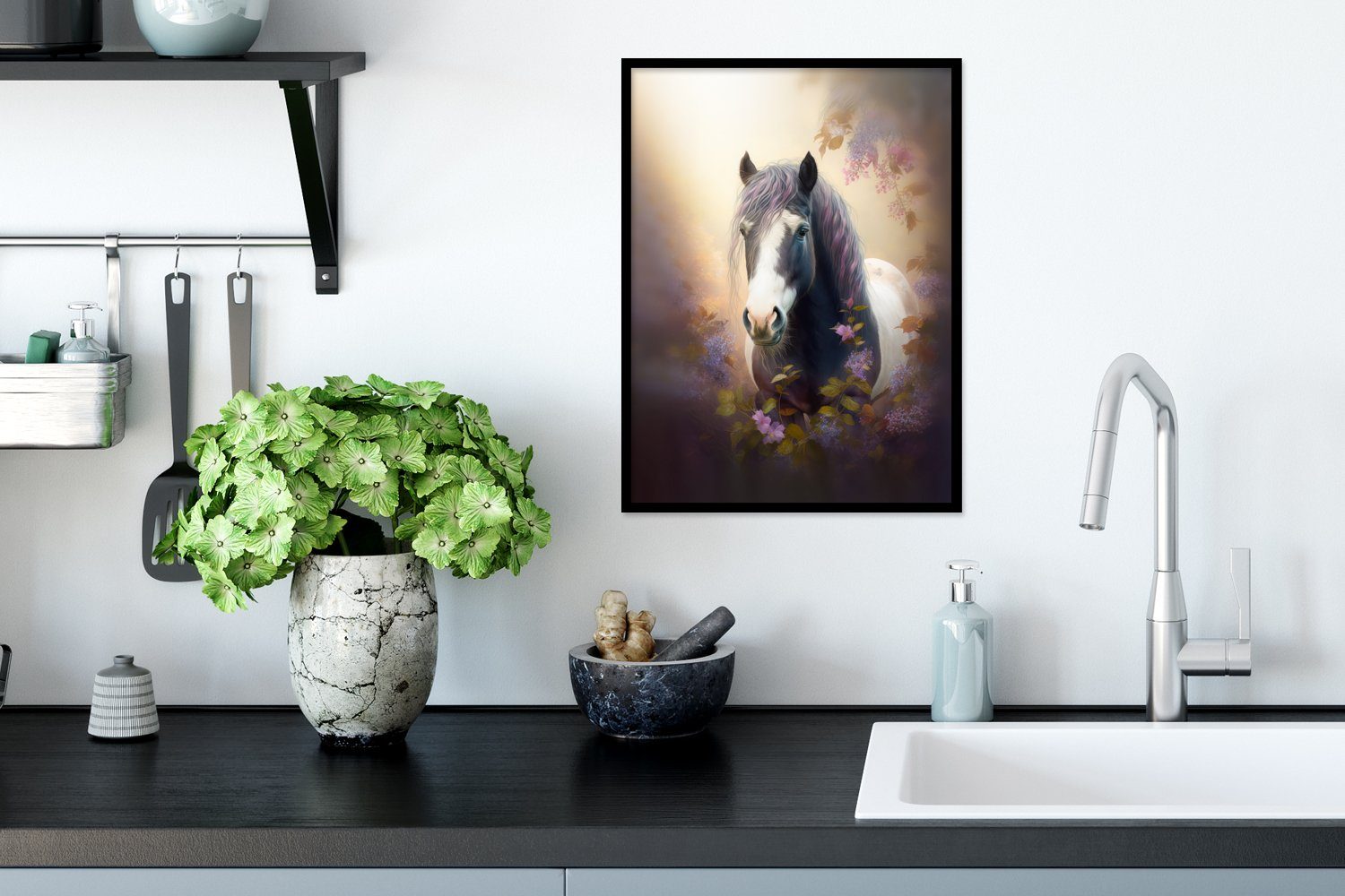 Tiere - Kunstdruck, - St), Lila, Schwarzem Rahmen, Bilderrahmen Gerahmtes Pferd - mit (1 - Poster, Natur Poster MuchoWow Blumen